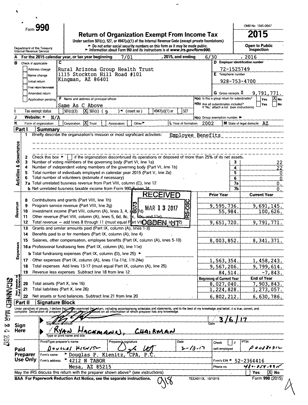 Image of first page of 2015 Form 990O for Rural Arizona Group Health Trust