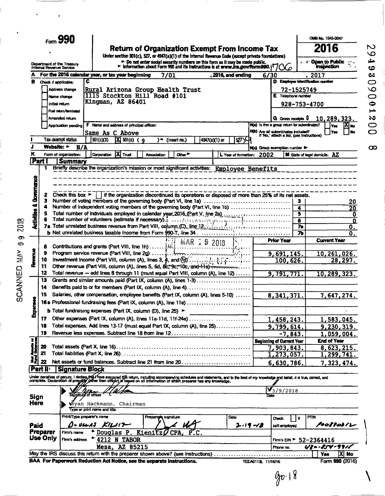 Image of first page of 2016 Form 990O for Rural Arizona Group Health Trust