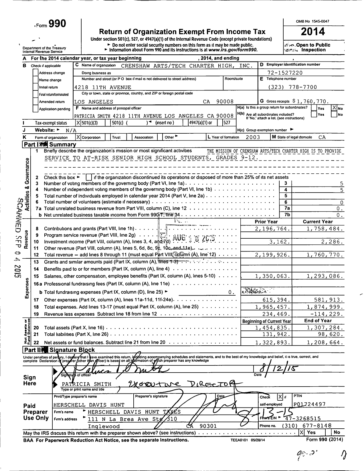 Image of first page of 2014 Form 990 for Catch Prep Charter High