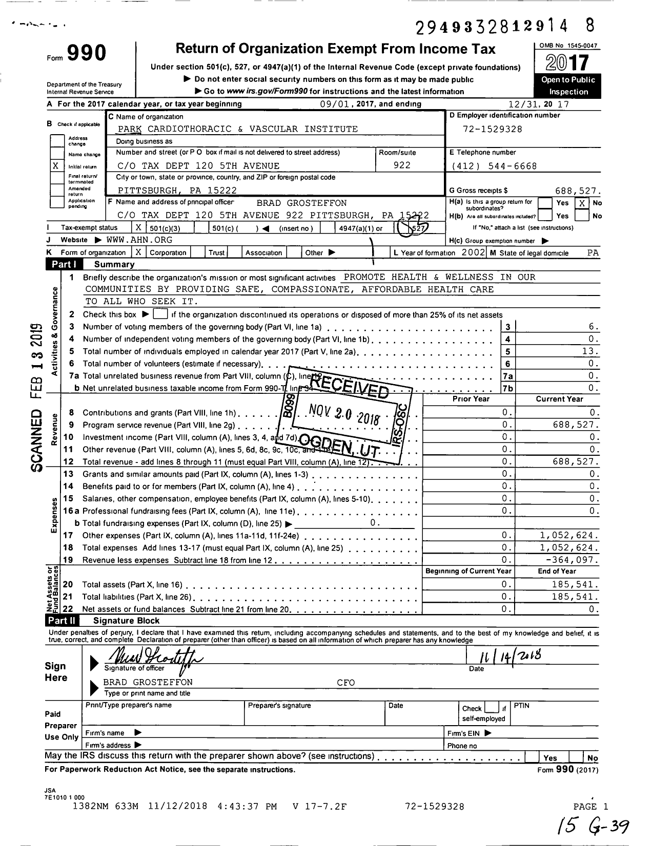 Image of first page of 2017 Form 990 for Highmark Health / Park Cardiothoracic and Vascular in