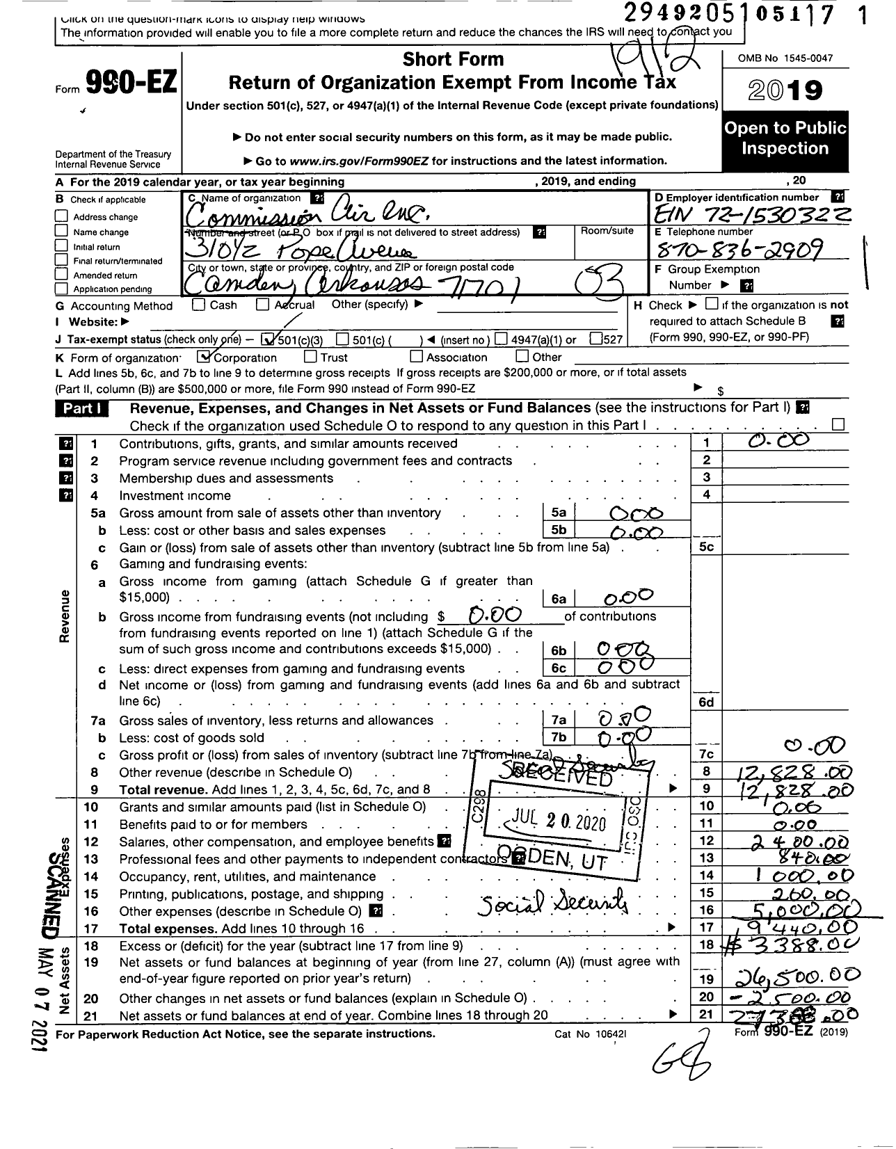 Image of first page of 2019 Form 990EZ for Commission Air