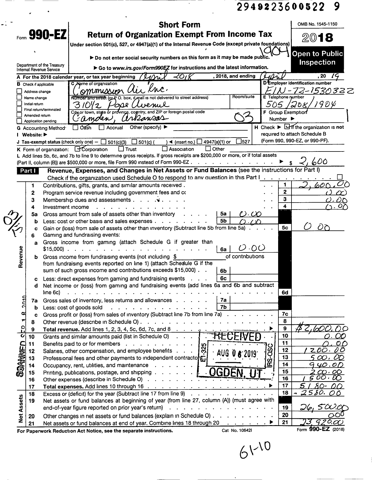 Image of first page of 2018 Form 990EZ for Commission Air