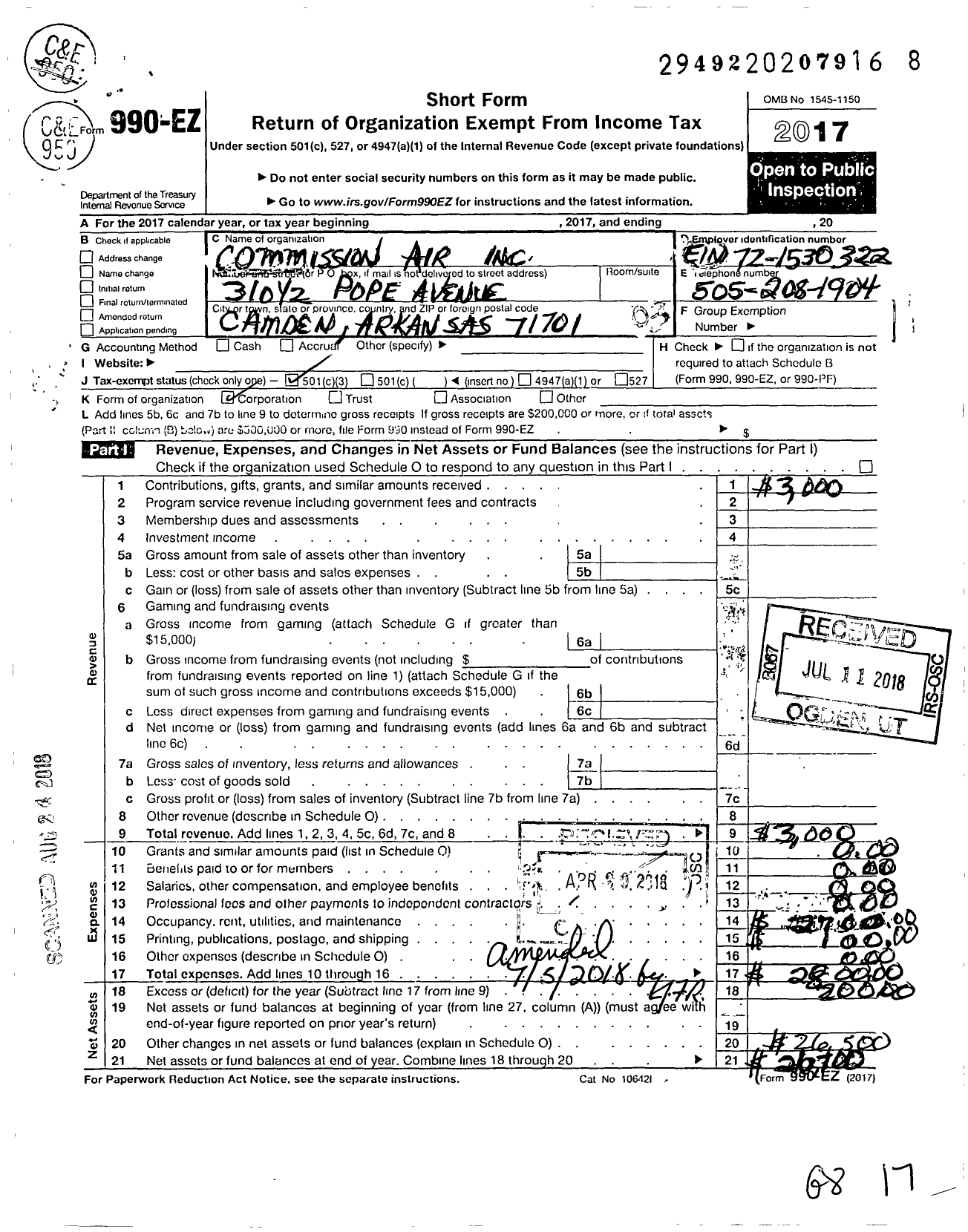 Image of first page of 2017 Form 990EZ for Commission Air