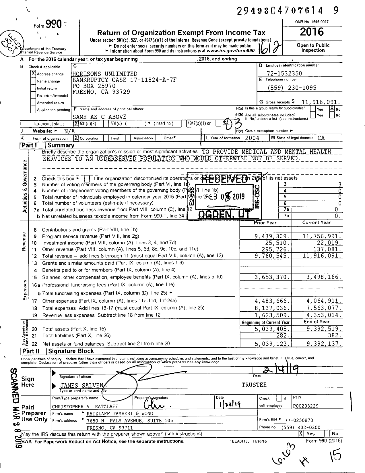 Image of first page of 2016 Form 990 for Horisons Unlimited Bankruptcy Case 17-11824-A-7F