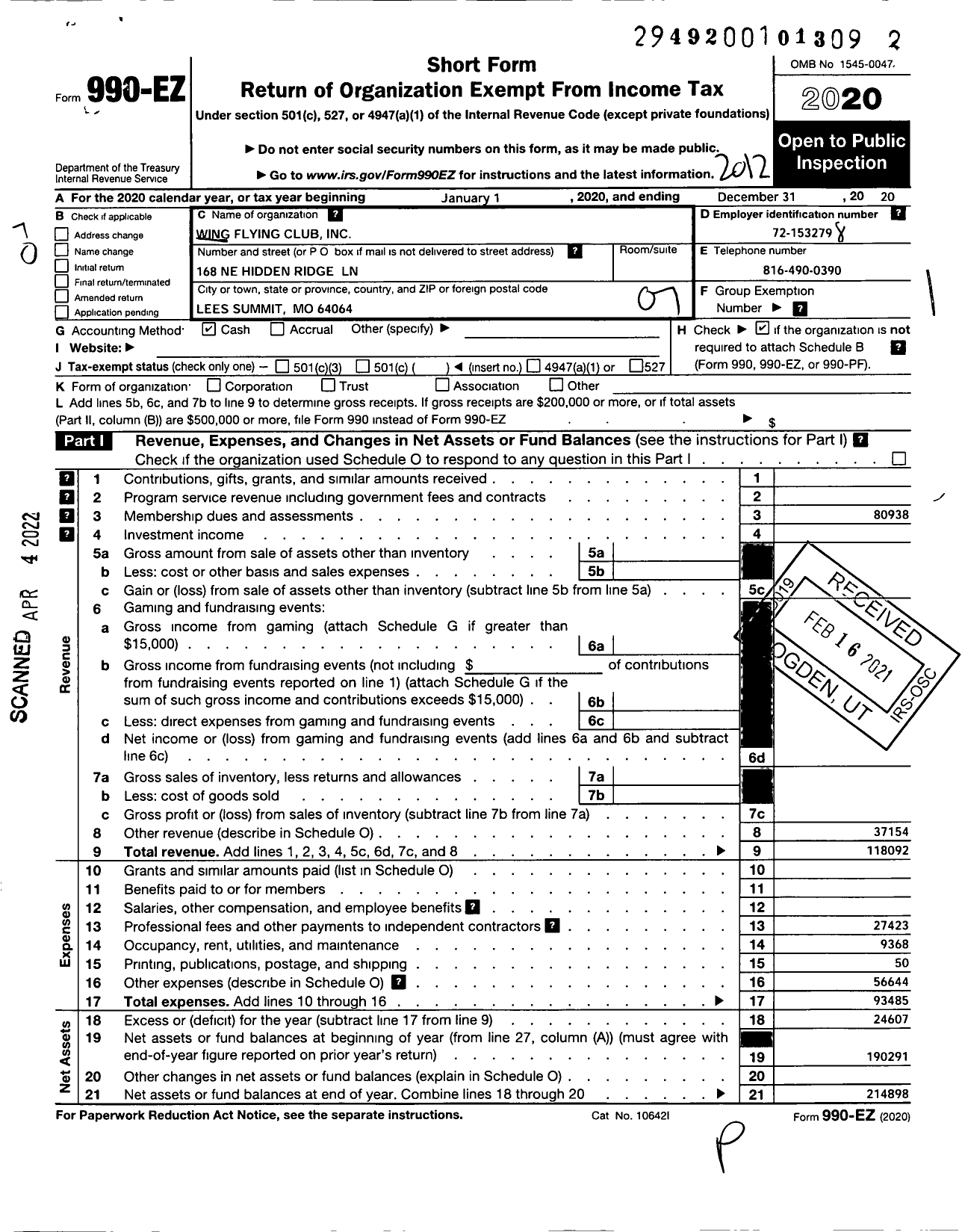 Image of first page of 2020 Form 990EO for Wing Flying Club