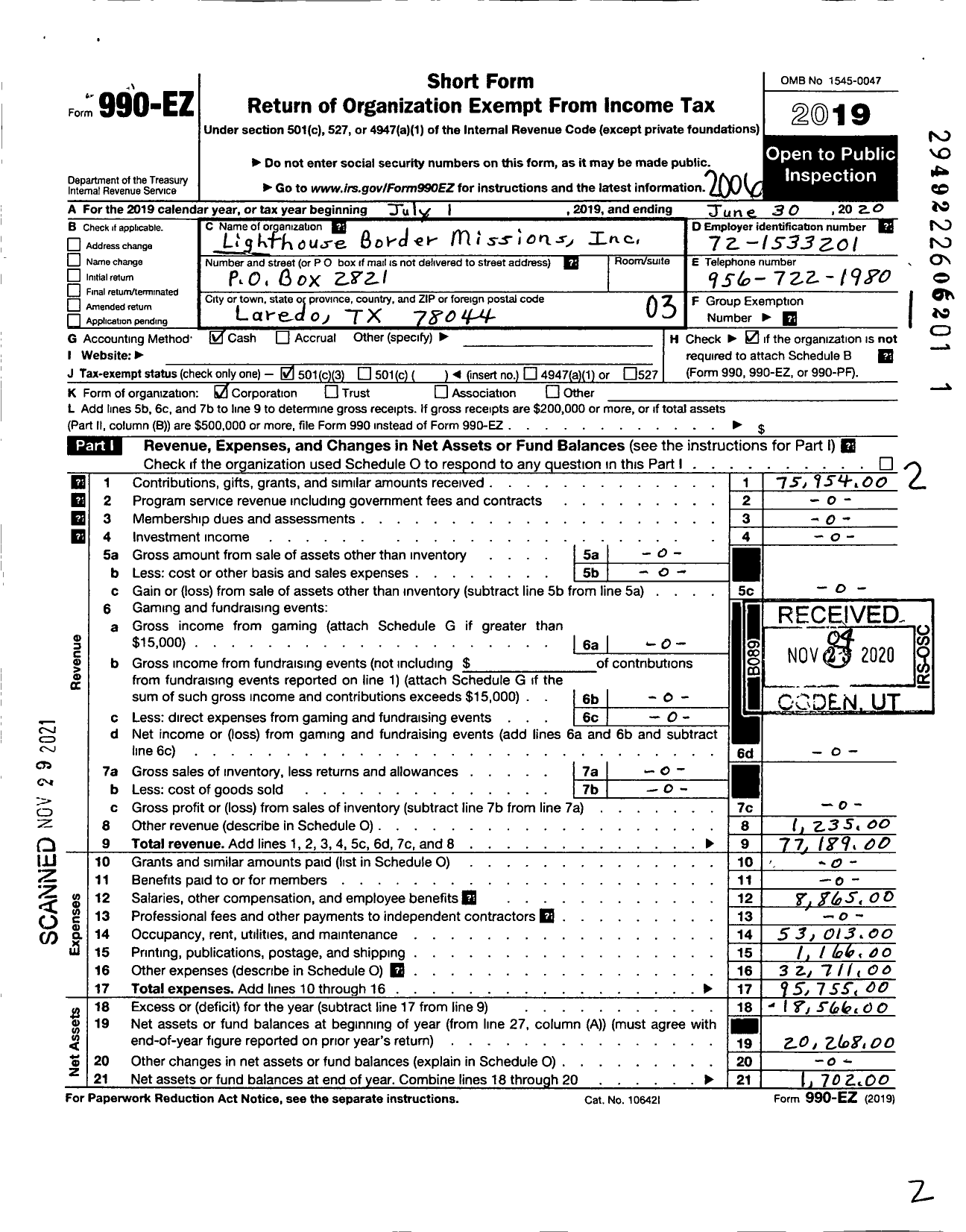 Image of first page of 2019 Form 990EZ for Lighthouse Border Missions