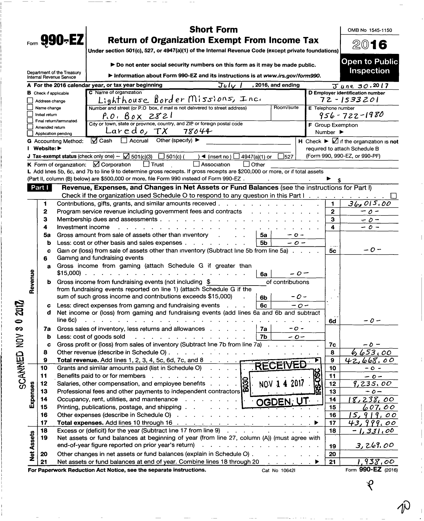 Image of first page of 2016 Form 990EZ for Lighthouse Border Missions