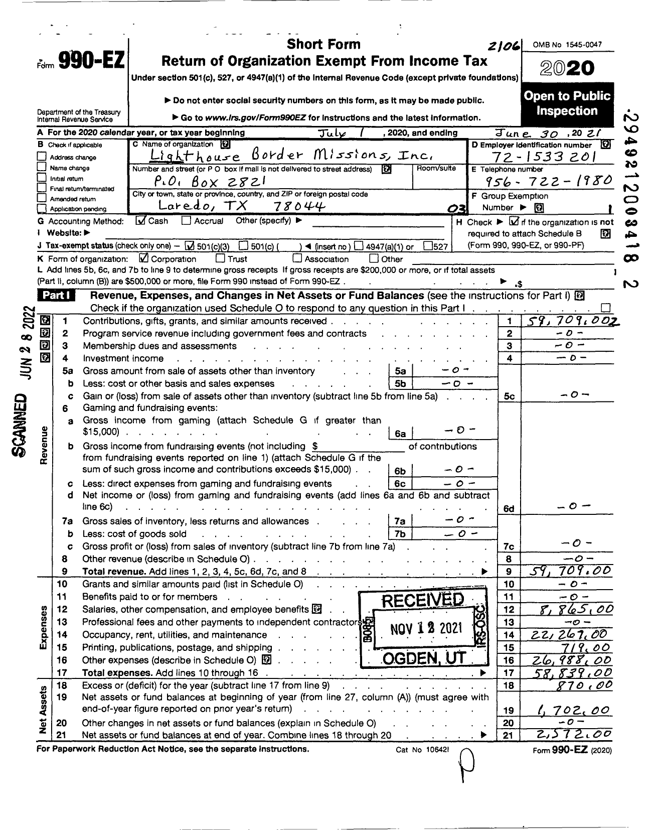 Image of first page of 2020 Form 990EZ for Lighthouse Border Missions