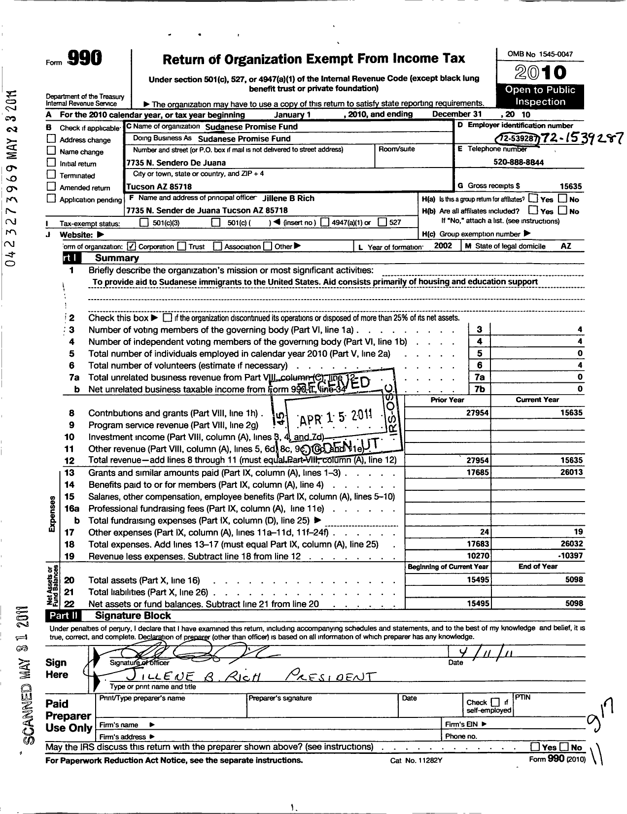 Image of first page of 2010 Form 990O for Sudanese Promise Fund