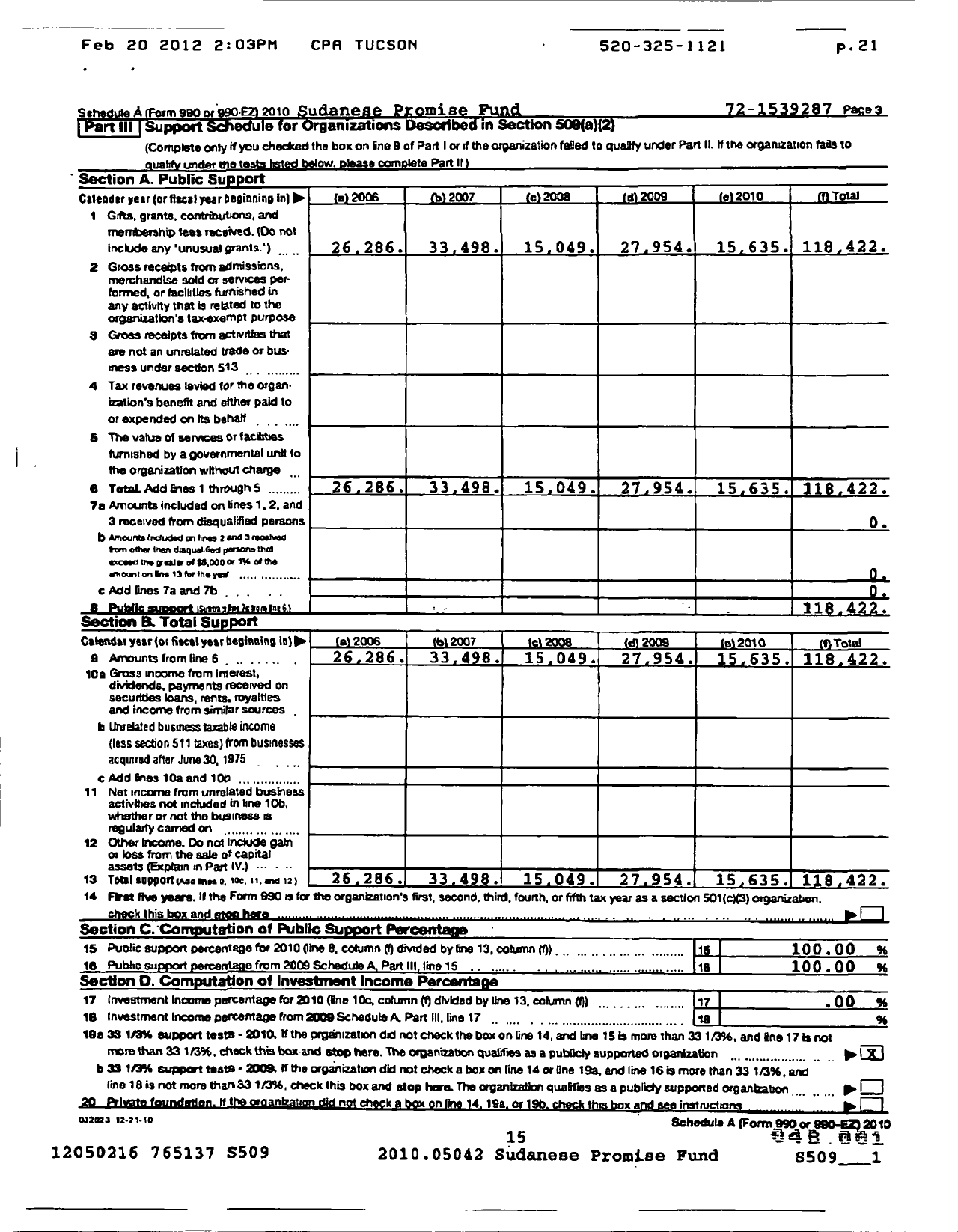 Image of first page of 2010 Form 990R for Sudanese Promise Fund