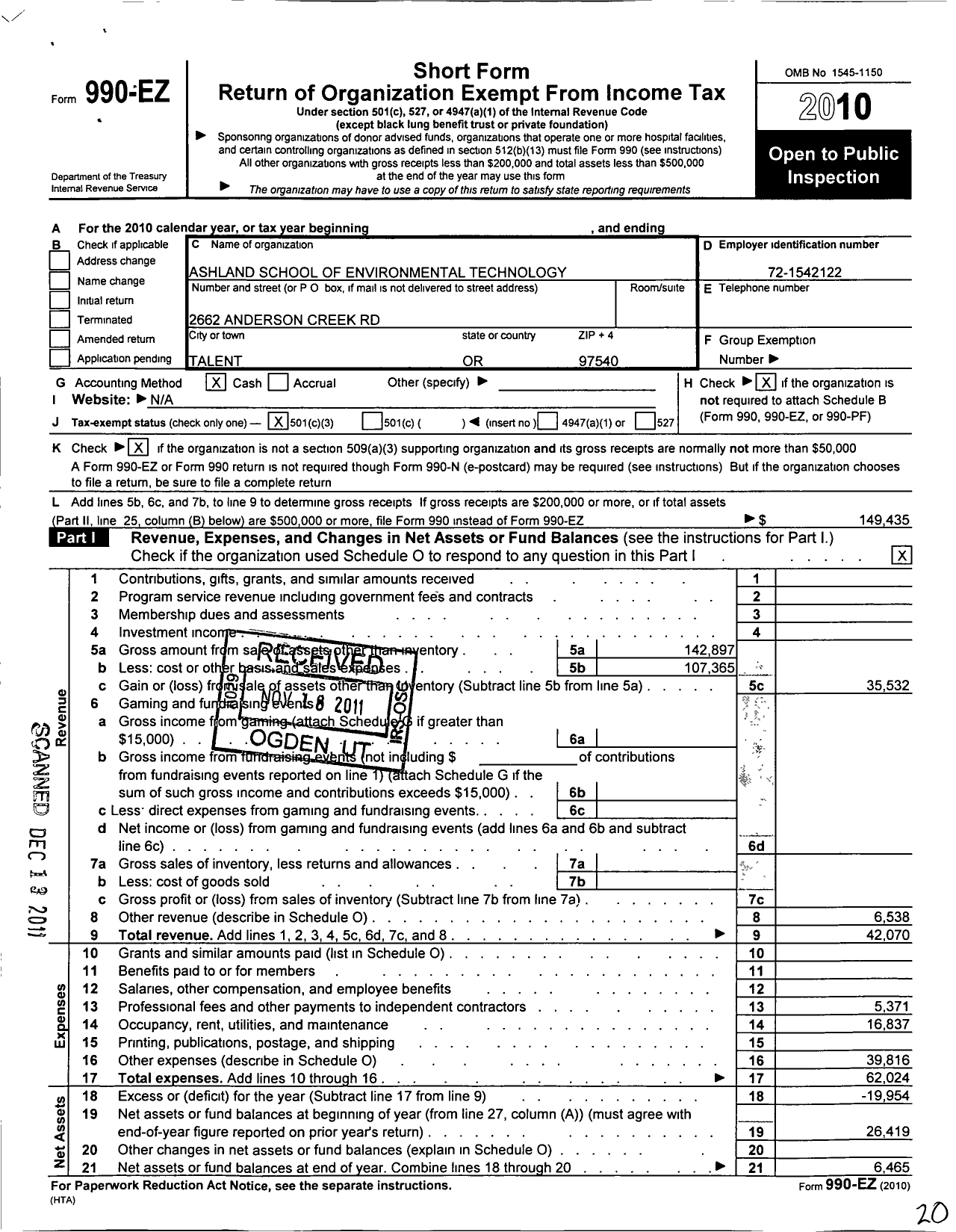 Image of first page of 2010 Form 990EZ for Ashland School of Environmental Technology (ASET)