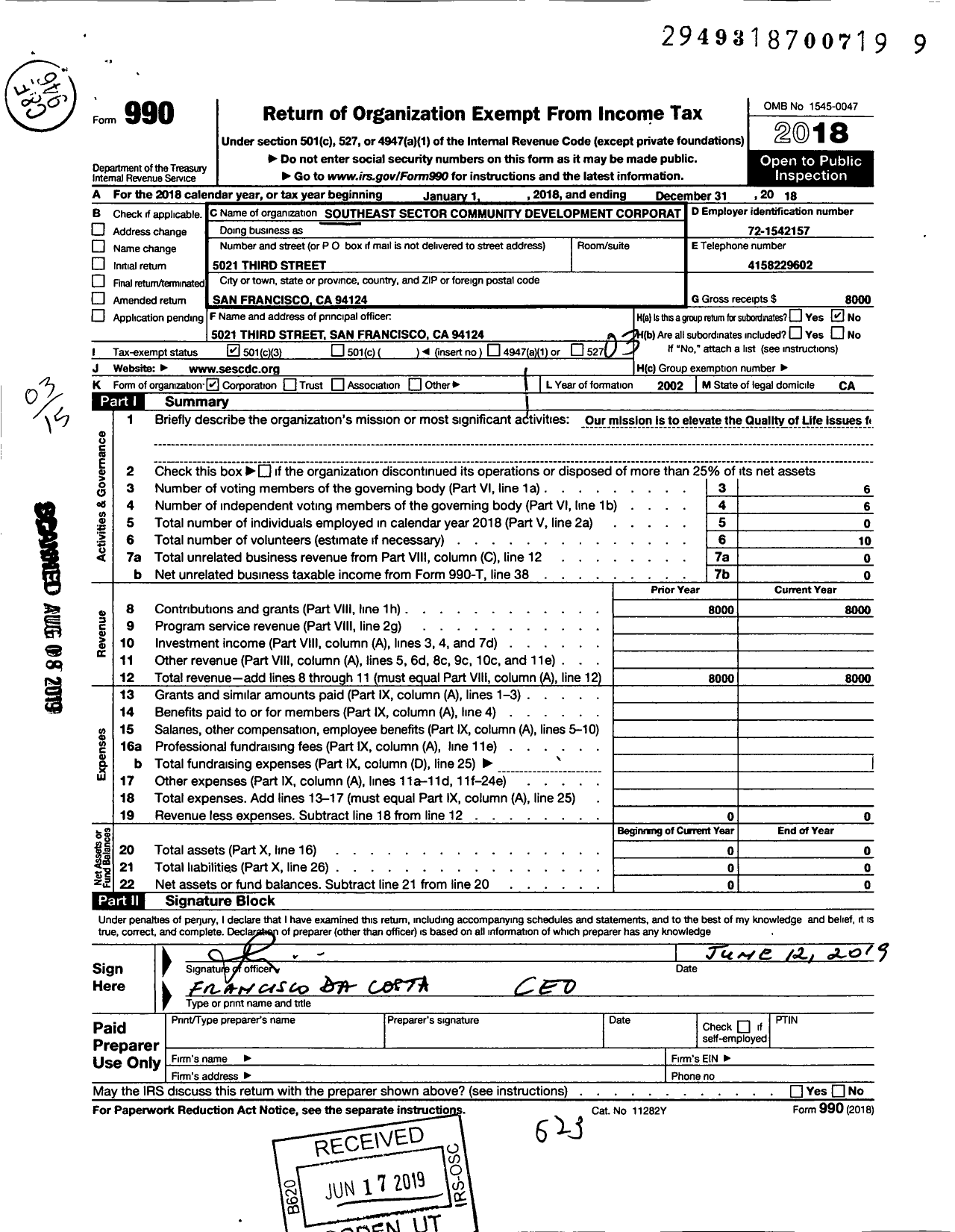 Image of first page of 2018 Form 990 for Southeast Sector Community Development Corporation