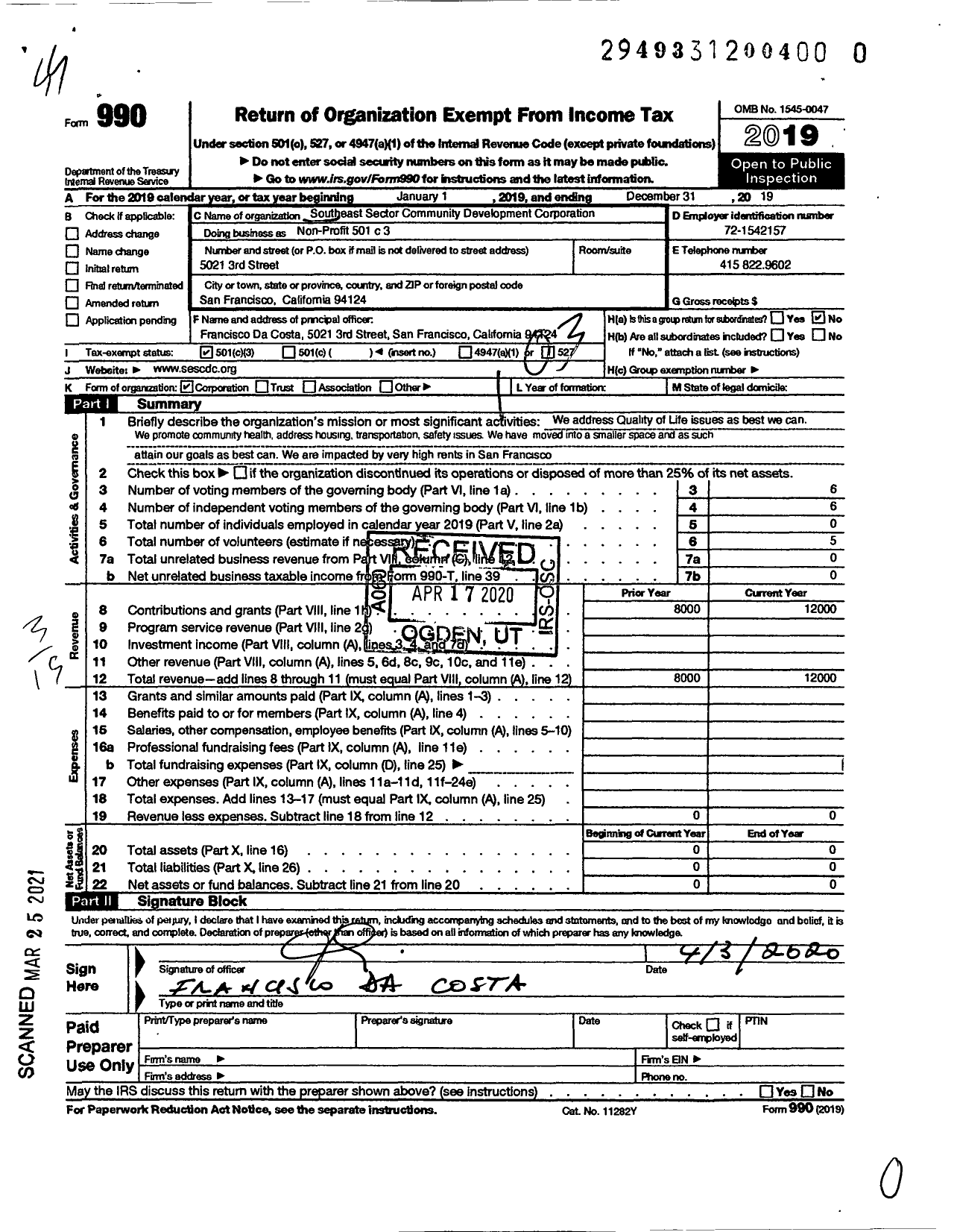 Image of first page of 2019 Form 990 for Southeast Sector Community Development Corporation