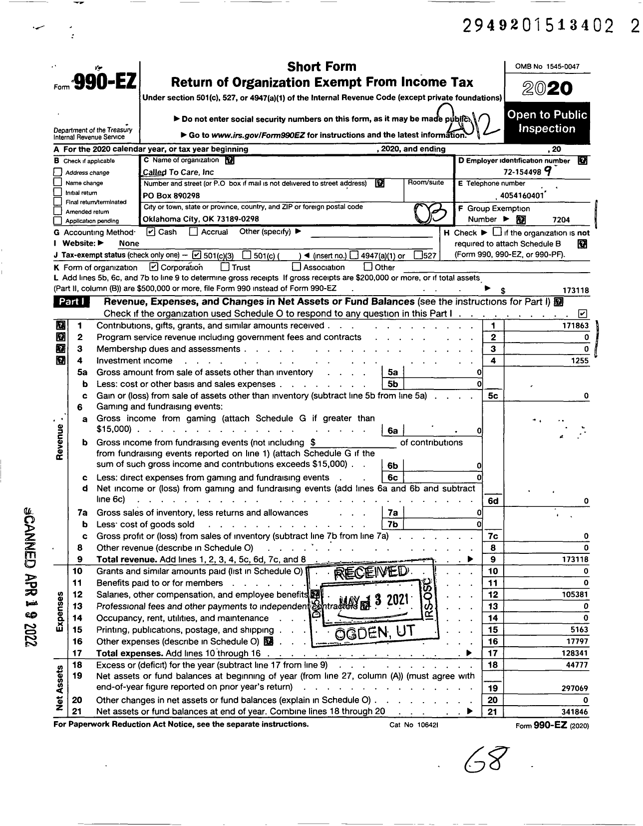 Image of first page of 2020 Form 990EZ for Called To Care