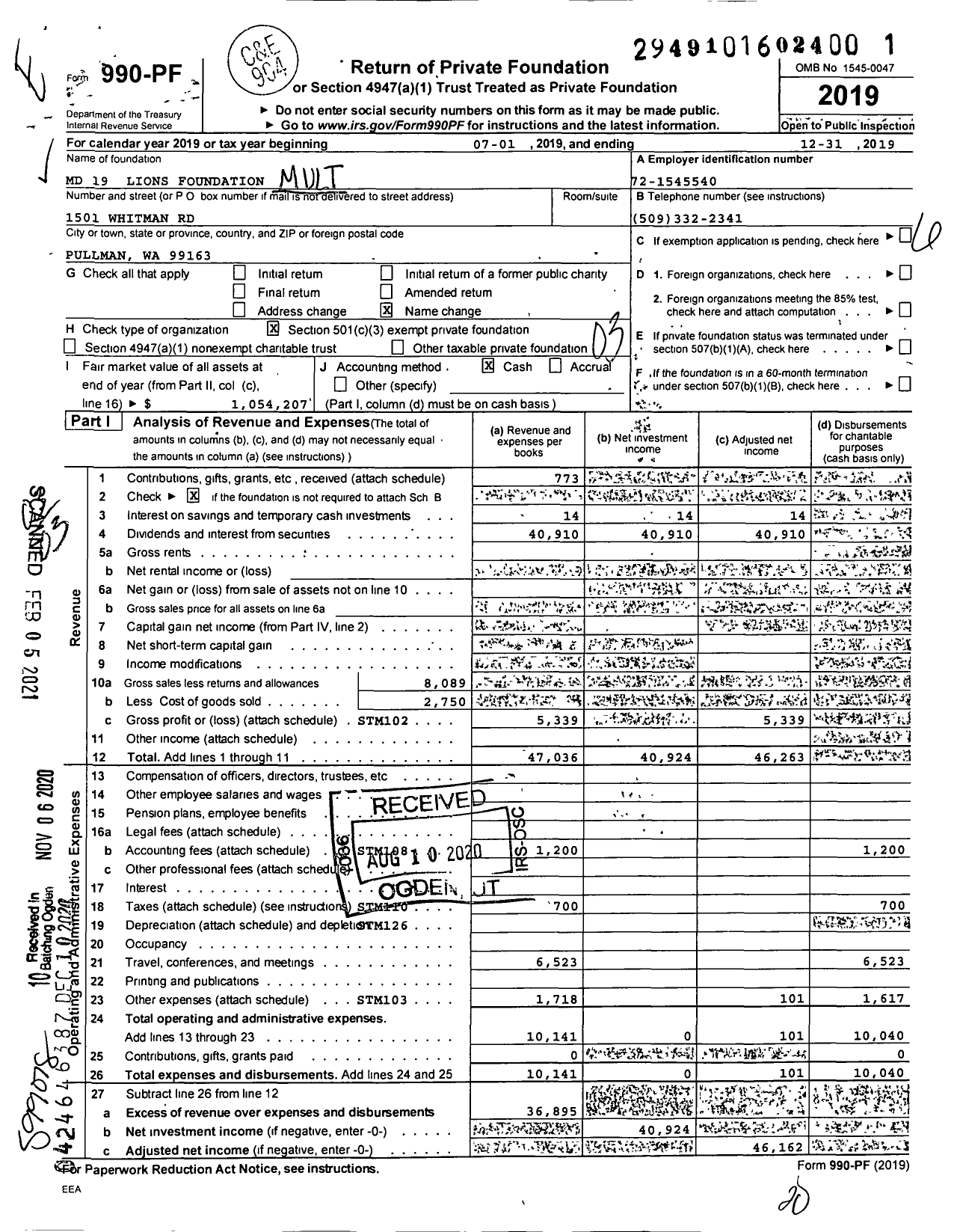 Image of first page of 2019 Form 990PF for MD 19 Lions Foundation