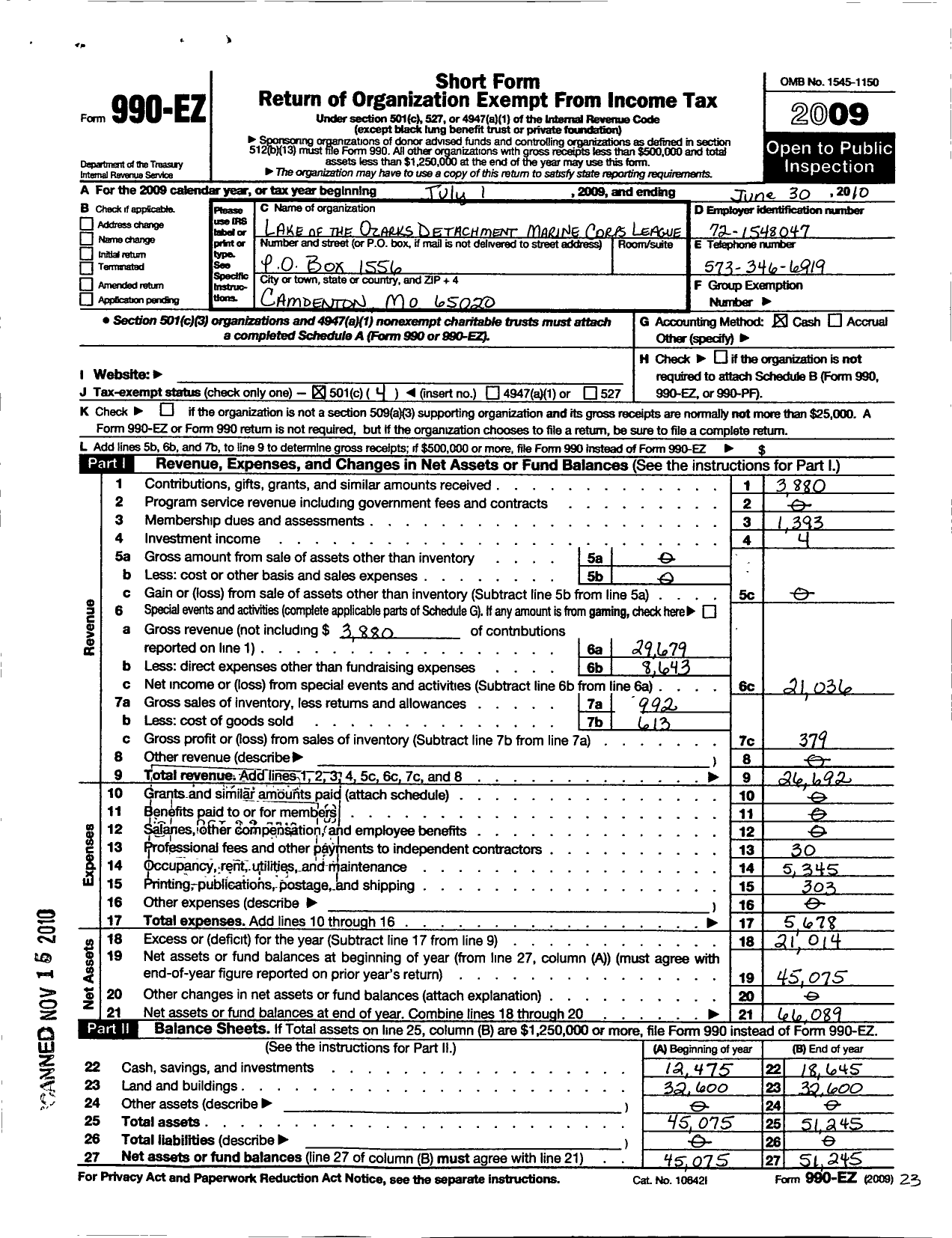 Image of first page of 2009 Form 990EO for Marine Corps League - 1137 MCL Lake of the Ozarks Detachm