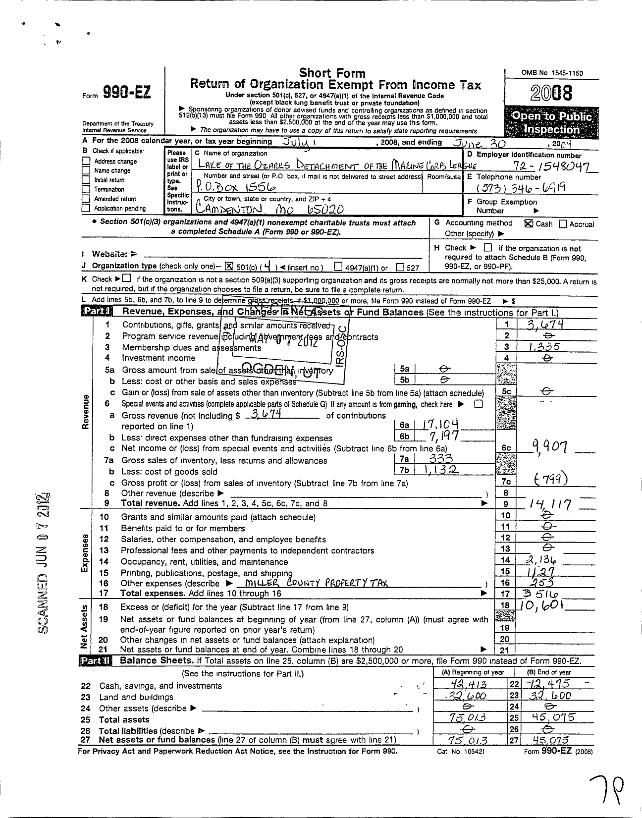 Image of first page of 2008 Form 990EO for Marine Corps League - 1137 MCL Lake of the Ozarks Detachm