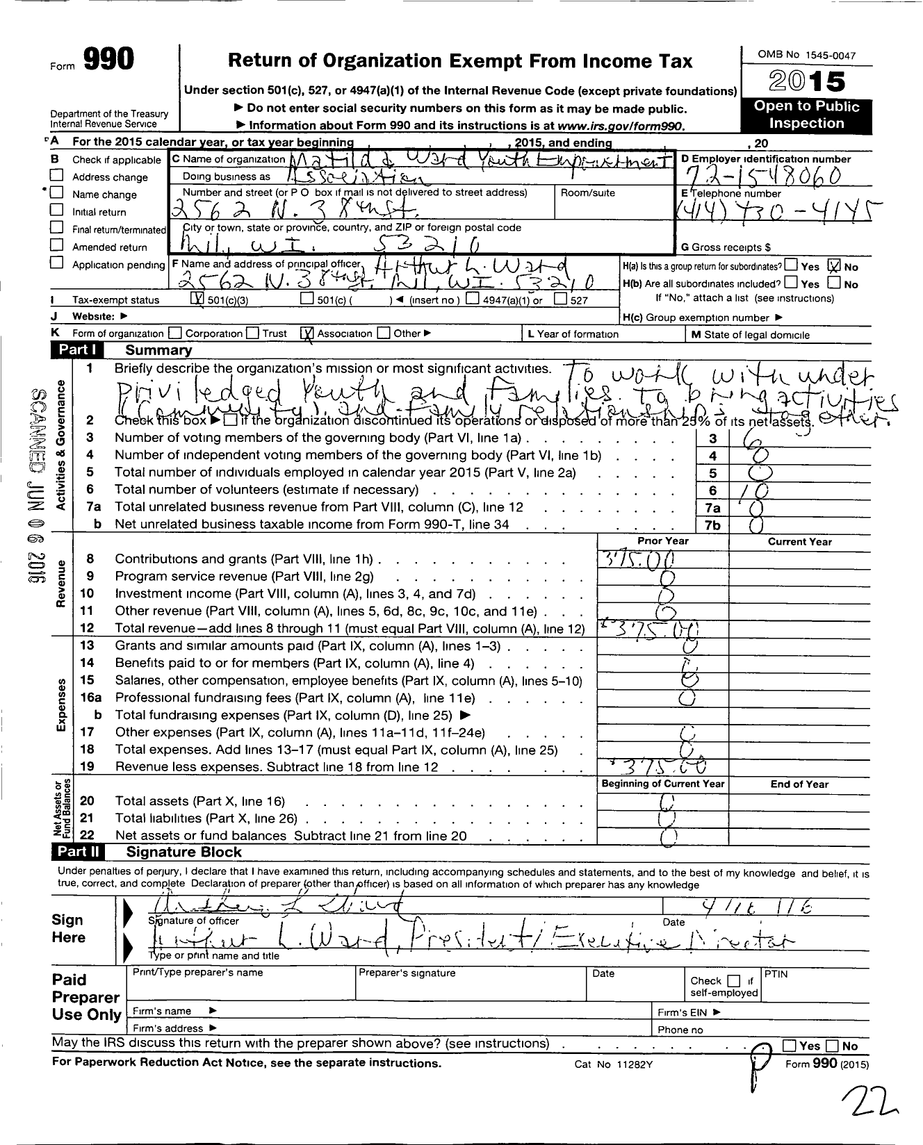 Image of first page of 2015 Form 990 for Matilda Wards Youth Empowerment Association