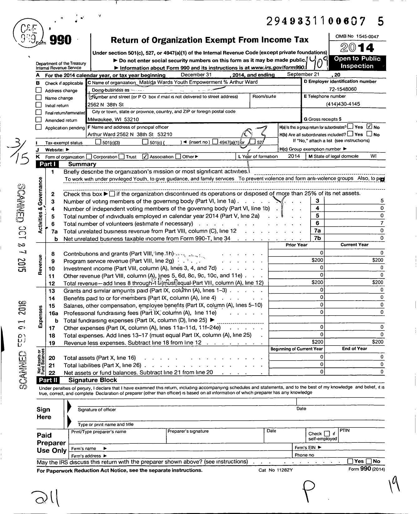 Image of first page of 2013 Form 990O for Matilda Wards Youth Empowerment Association