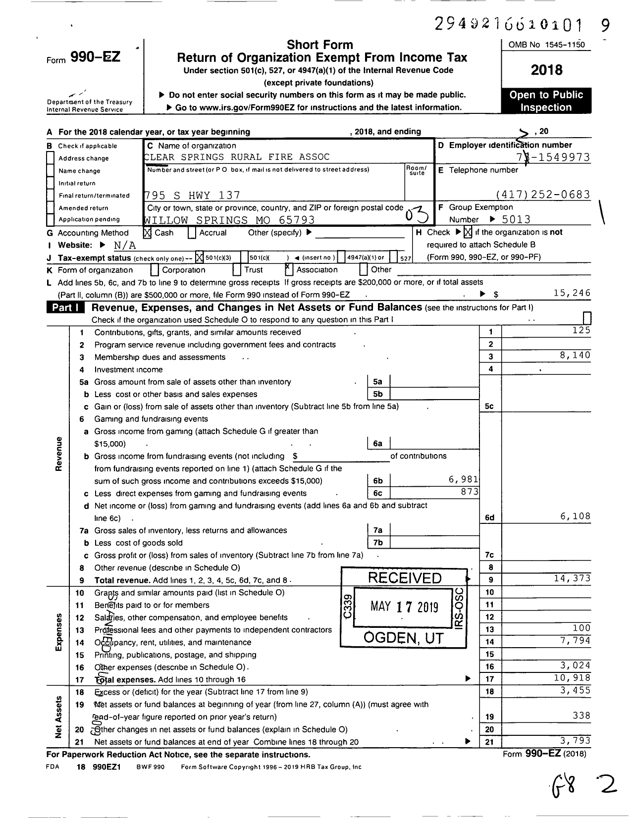 Image of first page of 2018 Form 990EZ for Clear Springs Rural Fire Association