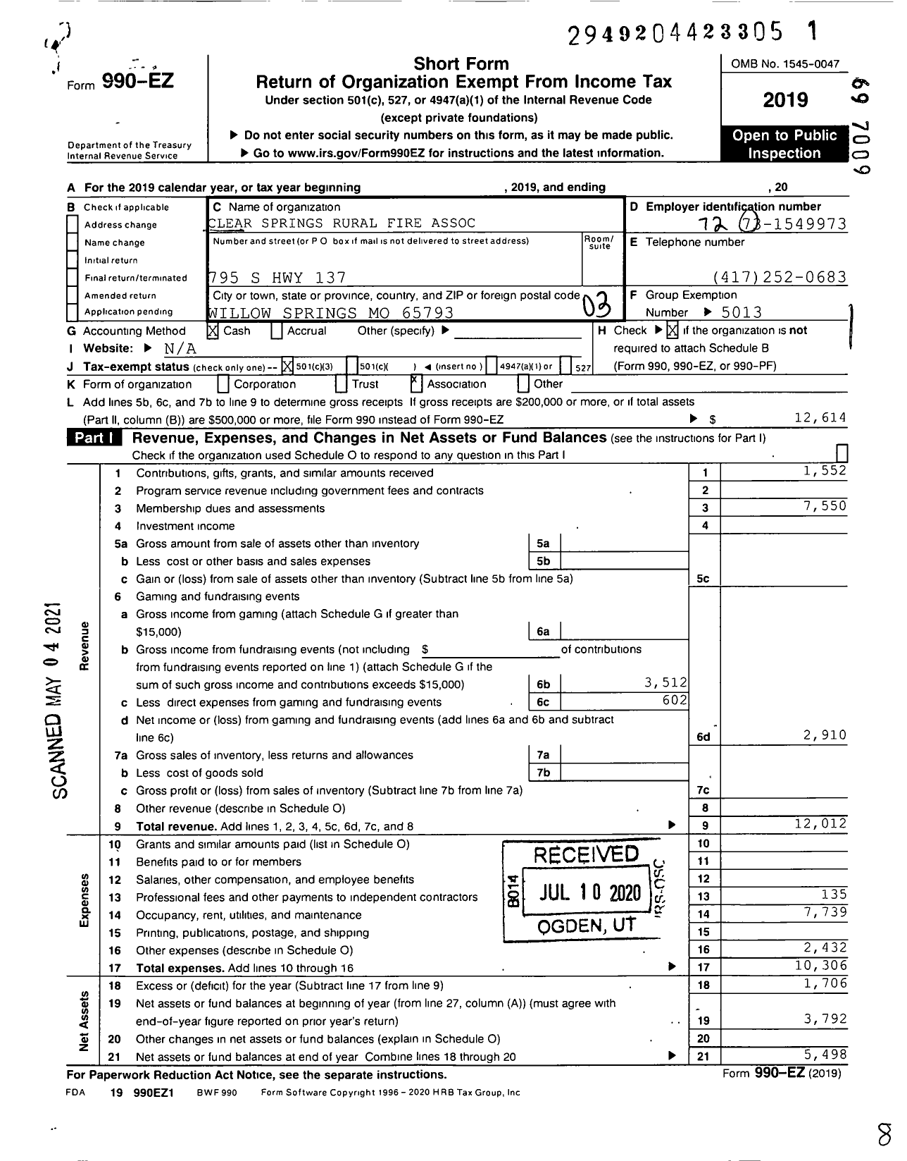 Image of first page of 2019 Form 990EZ for Clear Springs Rural Fire Association