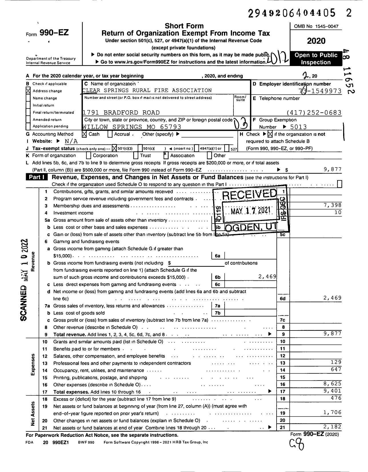 Image of first page of 2020 Form 990EZ for Clear Springs Rural Fire Association