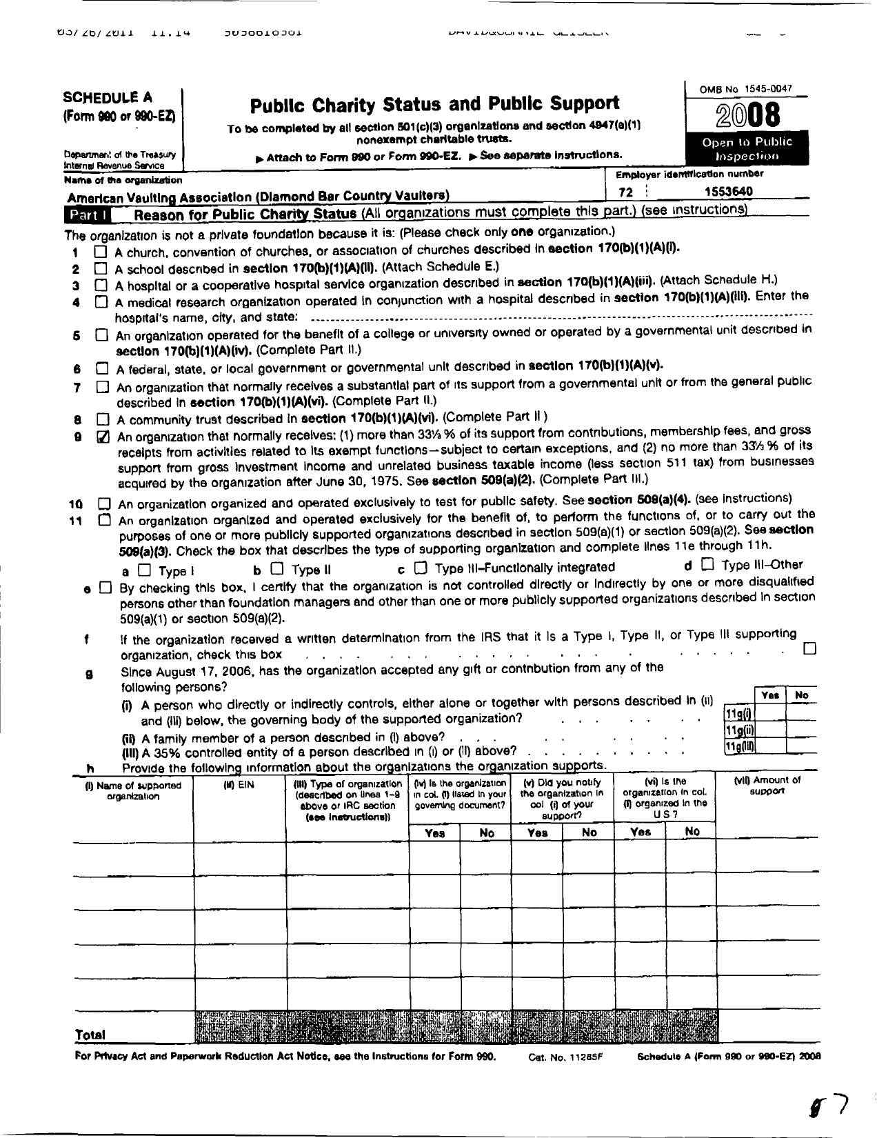 Image of first page of 2008 Form 990ER for American Vaulting Association / Diamond Bar Country Vaulters