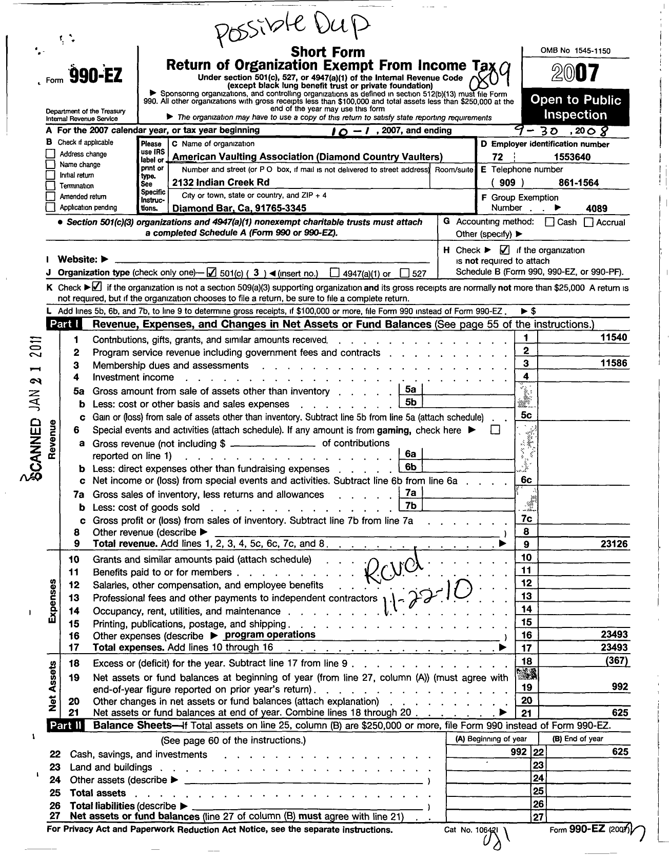 Image of first page of 2007 Form 990EZ for American Vaulting Association / Diamond Bar Country Vaulters