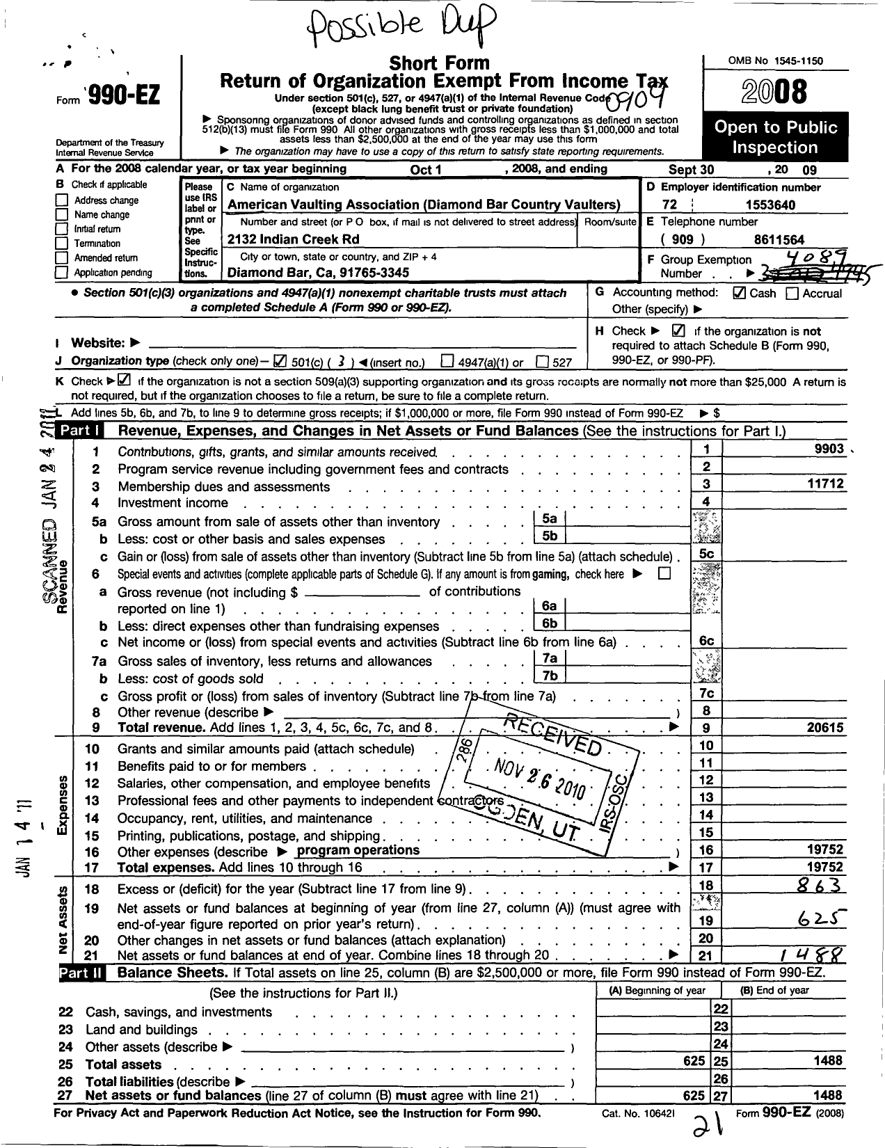 Image of first page of 2008 Form 990EZ for American Vaulting Association / Diamond Bar Country Vaulters