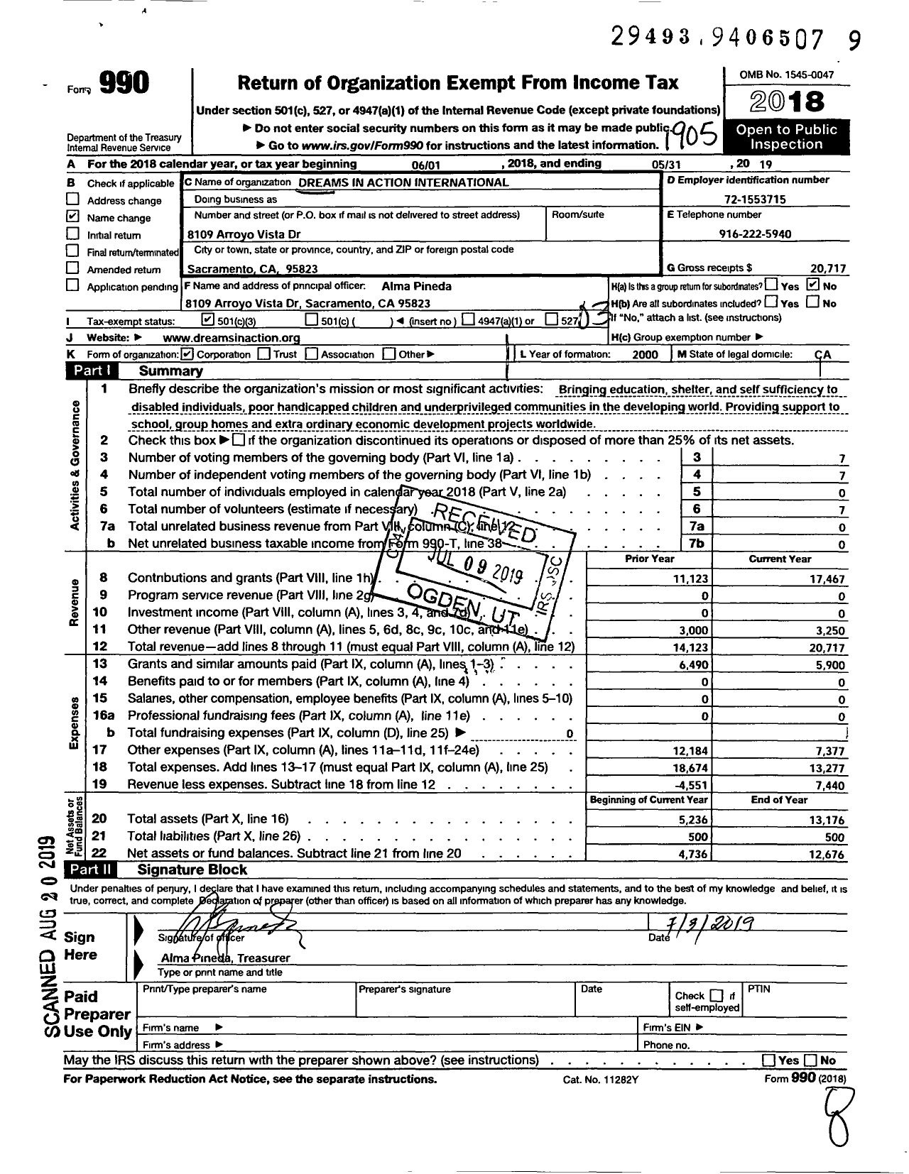 Image of first page of 2018 Form 990 for Dreams in Action International