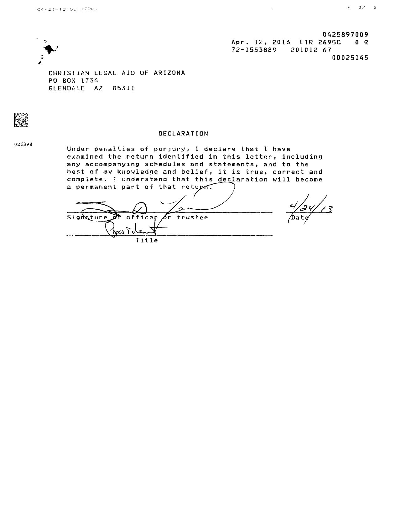 Image of first page of 2010 Form 990ER for Christian Legal Aid of Arizona