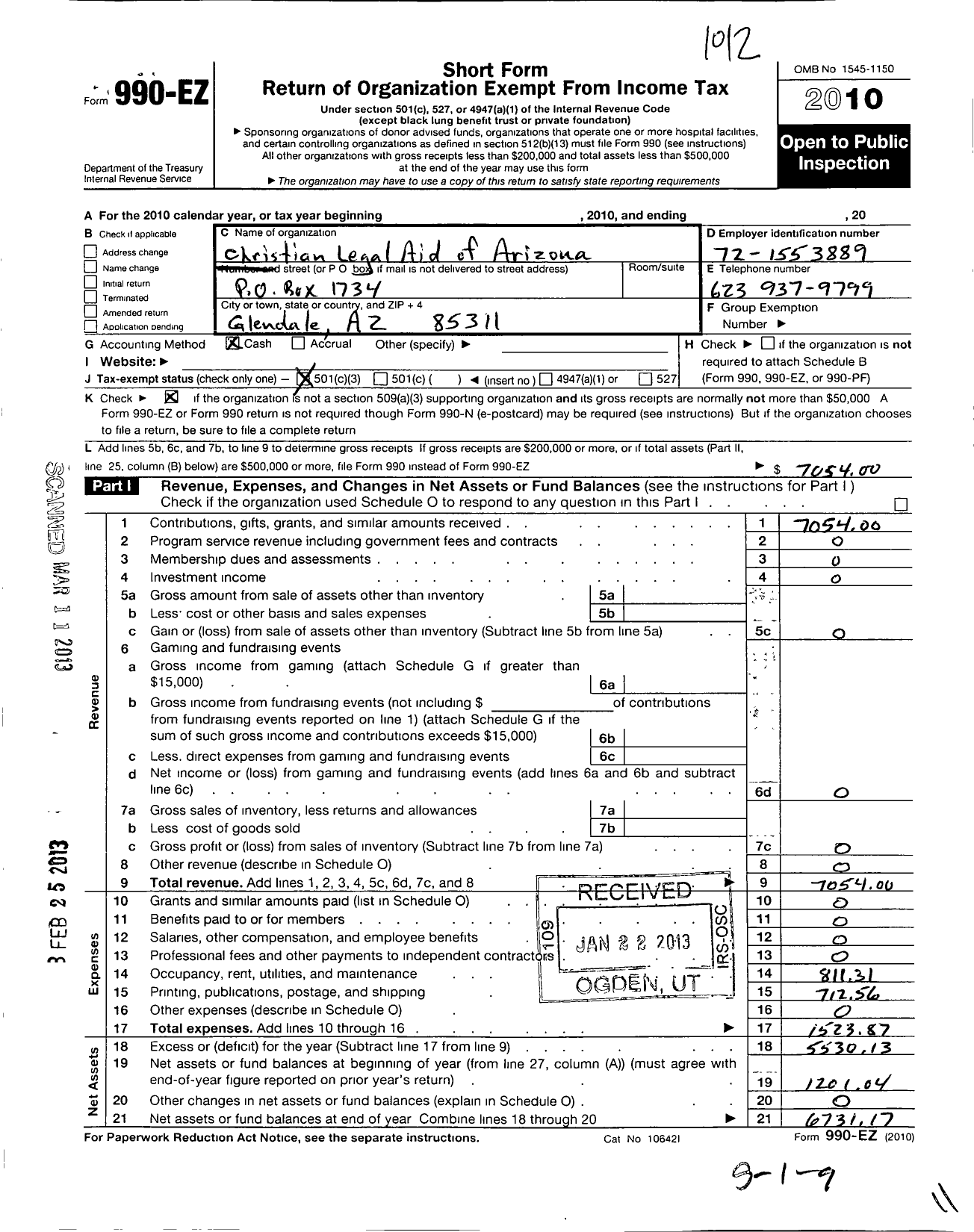 Image of first page of 2010 Form 990EZ for Christian Legal Aid of Arizona