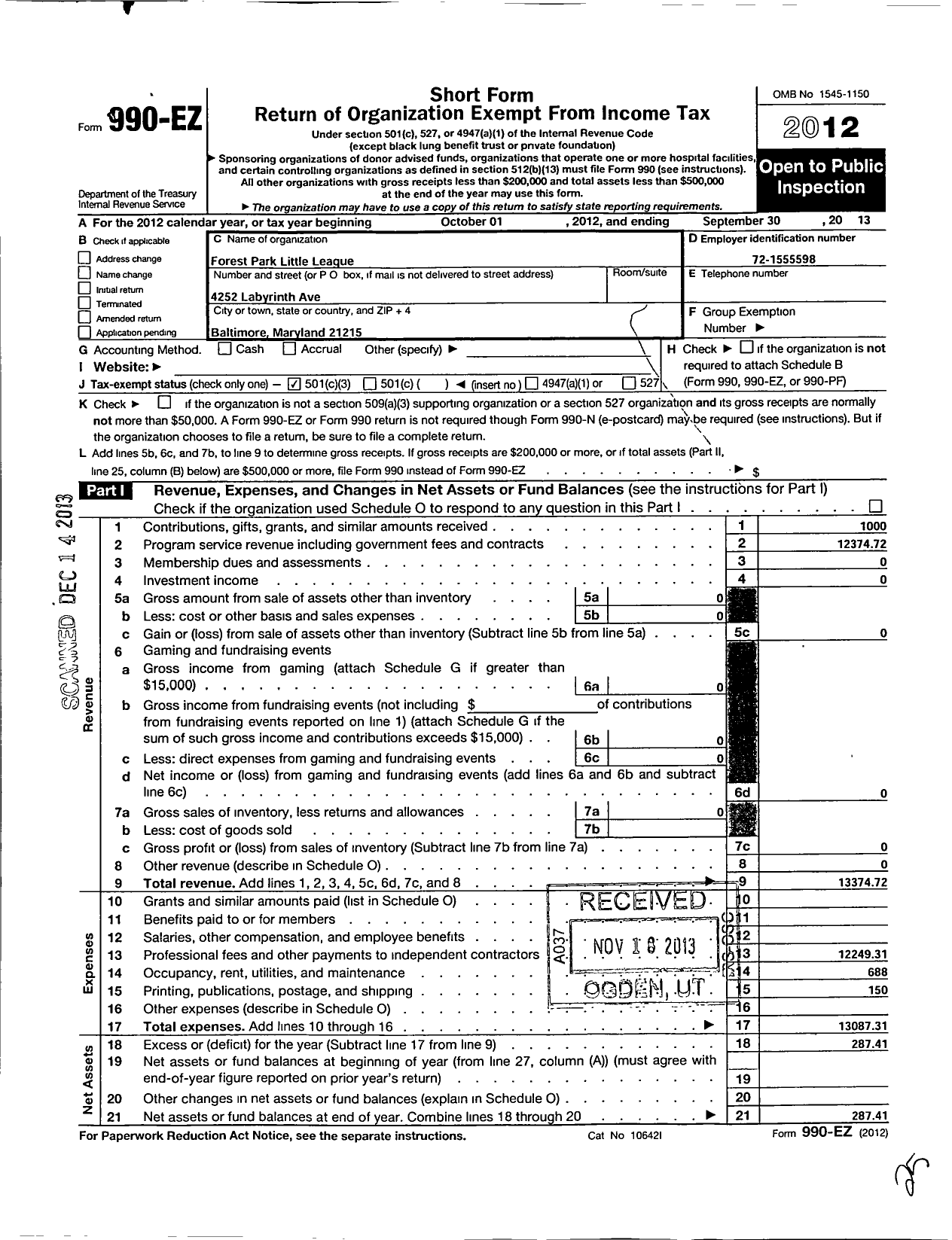 Image of first page of 2012 Form 990EZ for Forest Park Little League