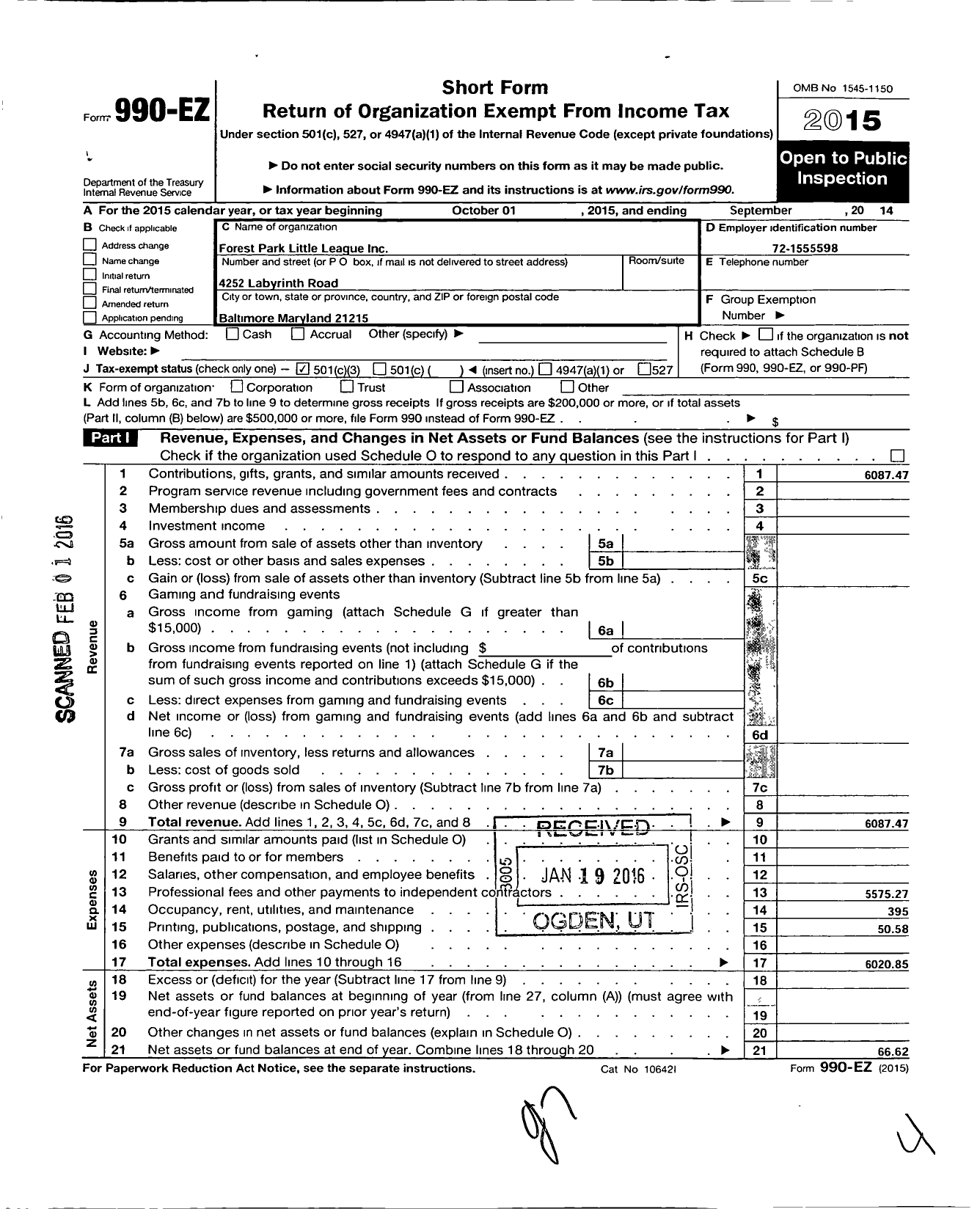 Image of first page of 2014 Form 990EZ for Forest Park Little League