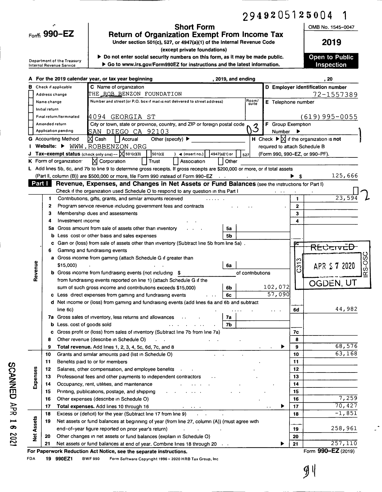 Image of first page of 2019 Form 990EZ for The Rob Benson and Dan Ferbal Foundation