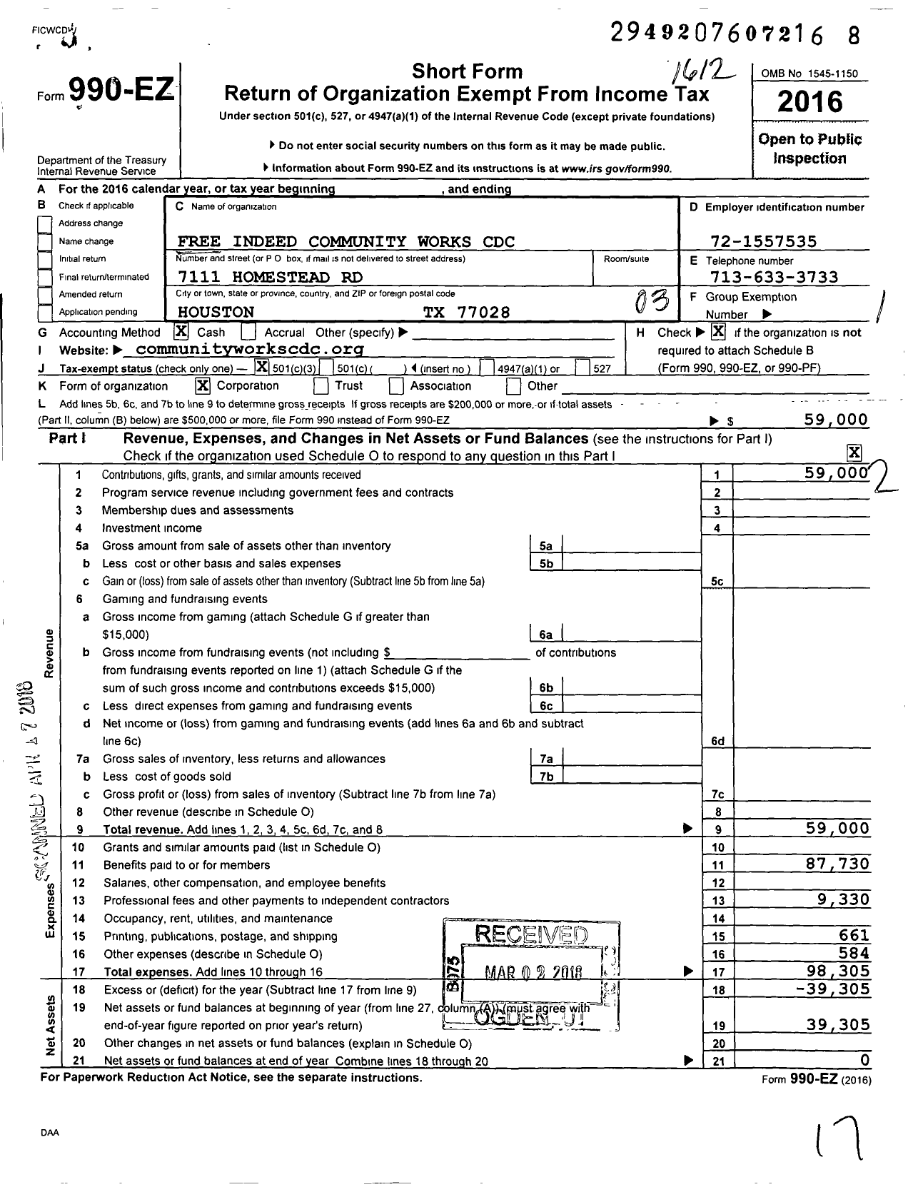 Image of first page of 2016 Form 990EZ for Free Indeed Community Works CDC