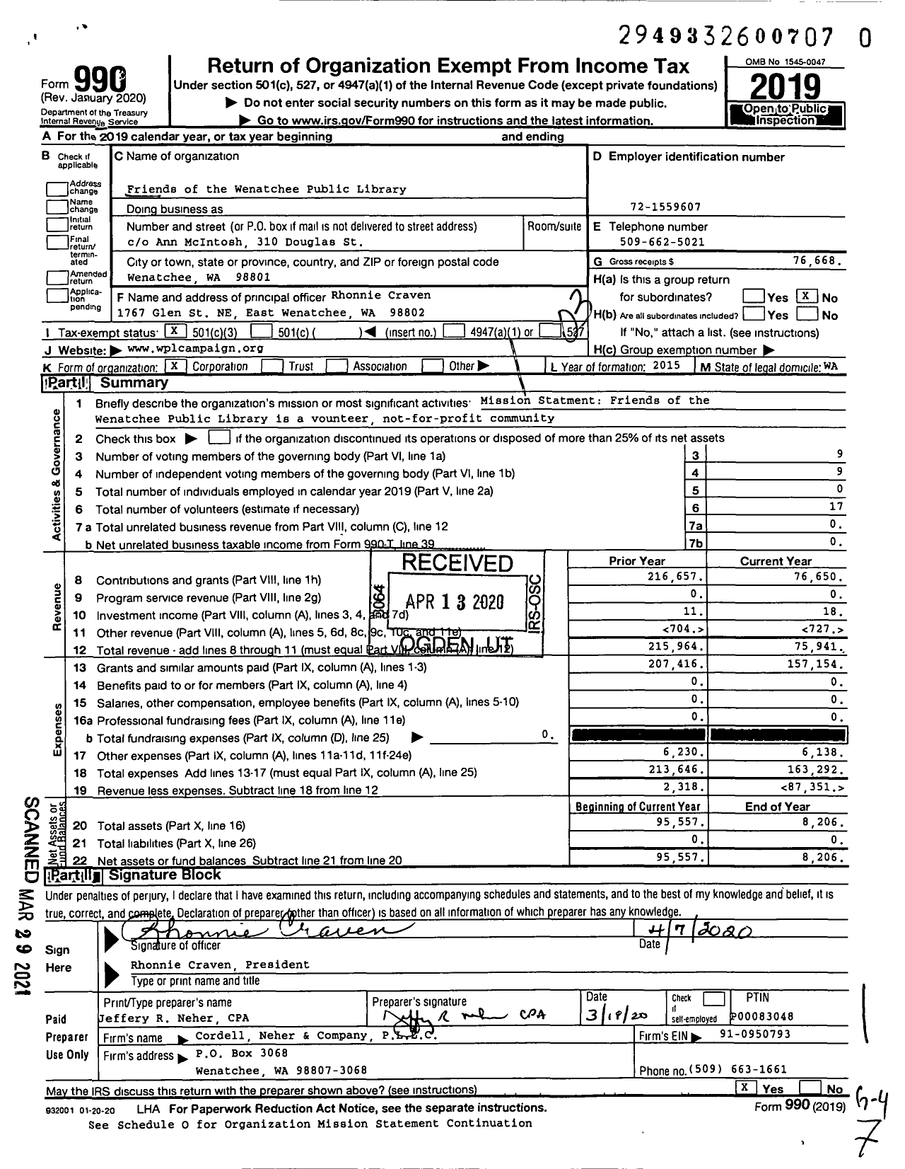 Image of first page of 2019 Form 990 for the Friends of the Wenatchee Public Library