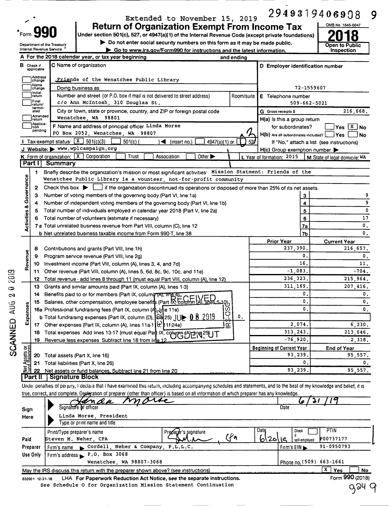 Image of first page of 2018 Form 990 for the Friends of the Wenatchee Public Library