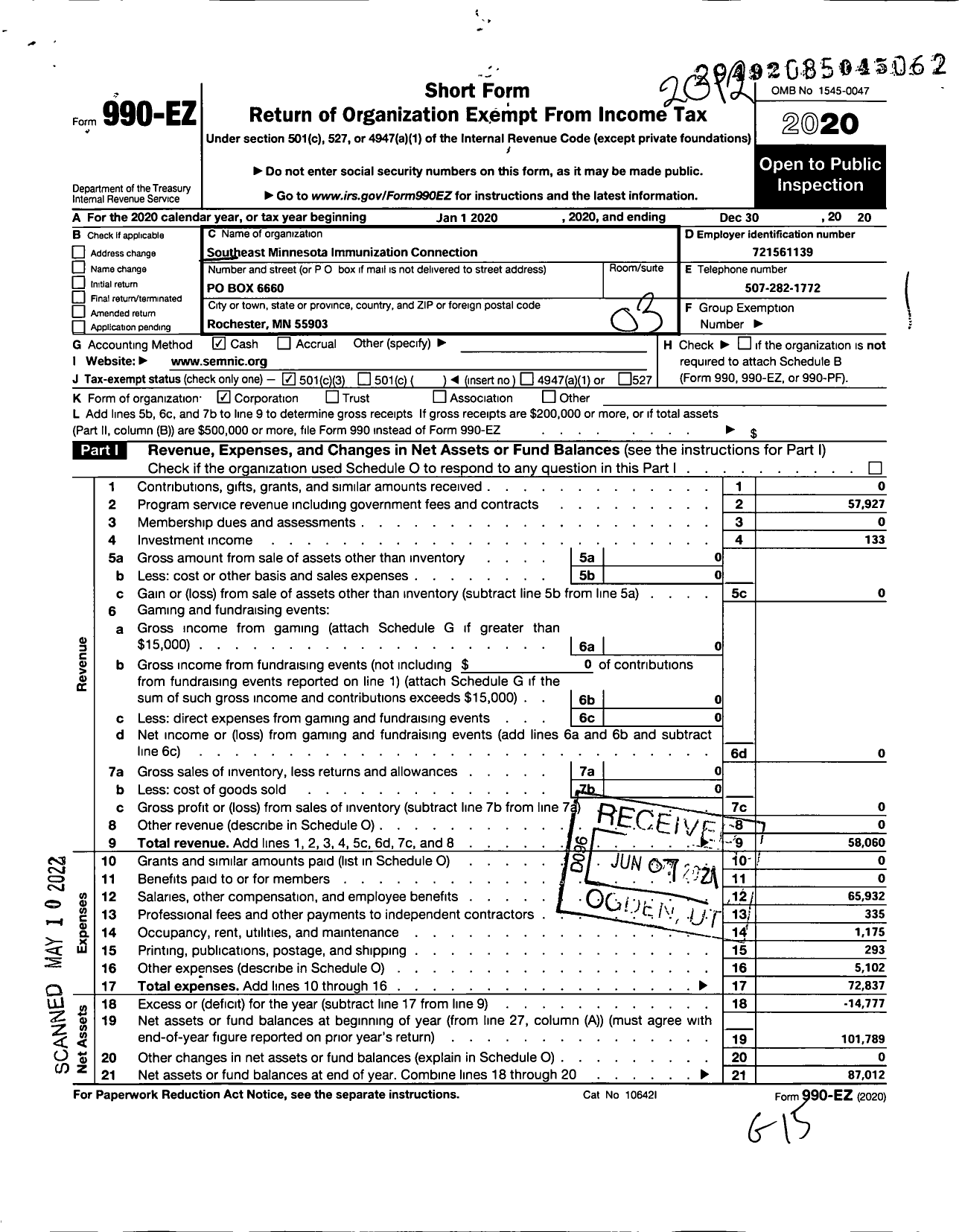 Image of first page of 2020 Form 990EZ for Southeast Minnesota Immunization