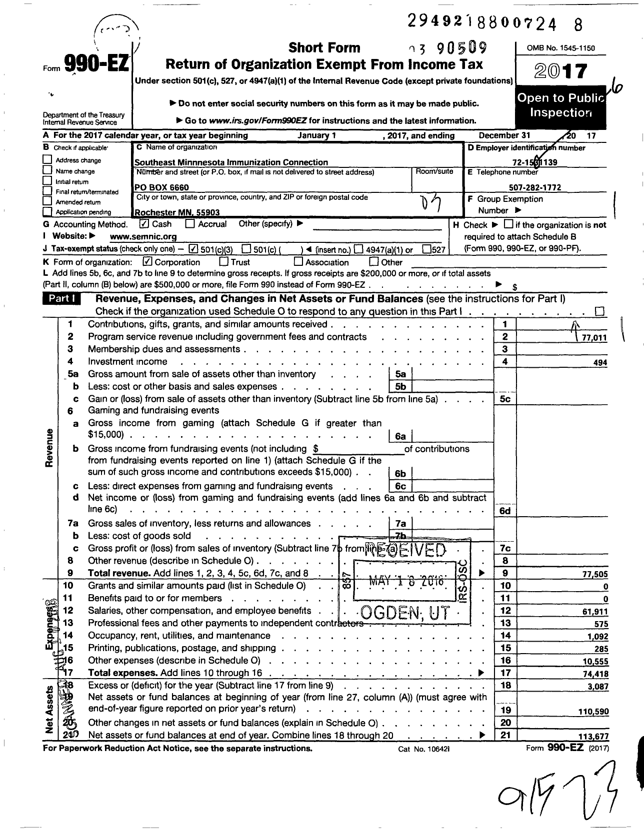 Image of first page of 2017 Form 990EZ for Southeast Minnesota Immunization