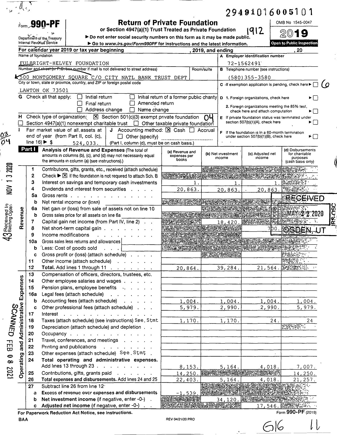 Image of first page of 2019 Form 990PF for Fulbright-Helvey Foundation