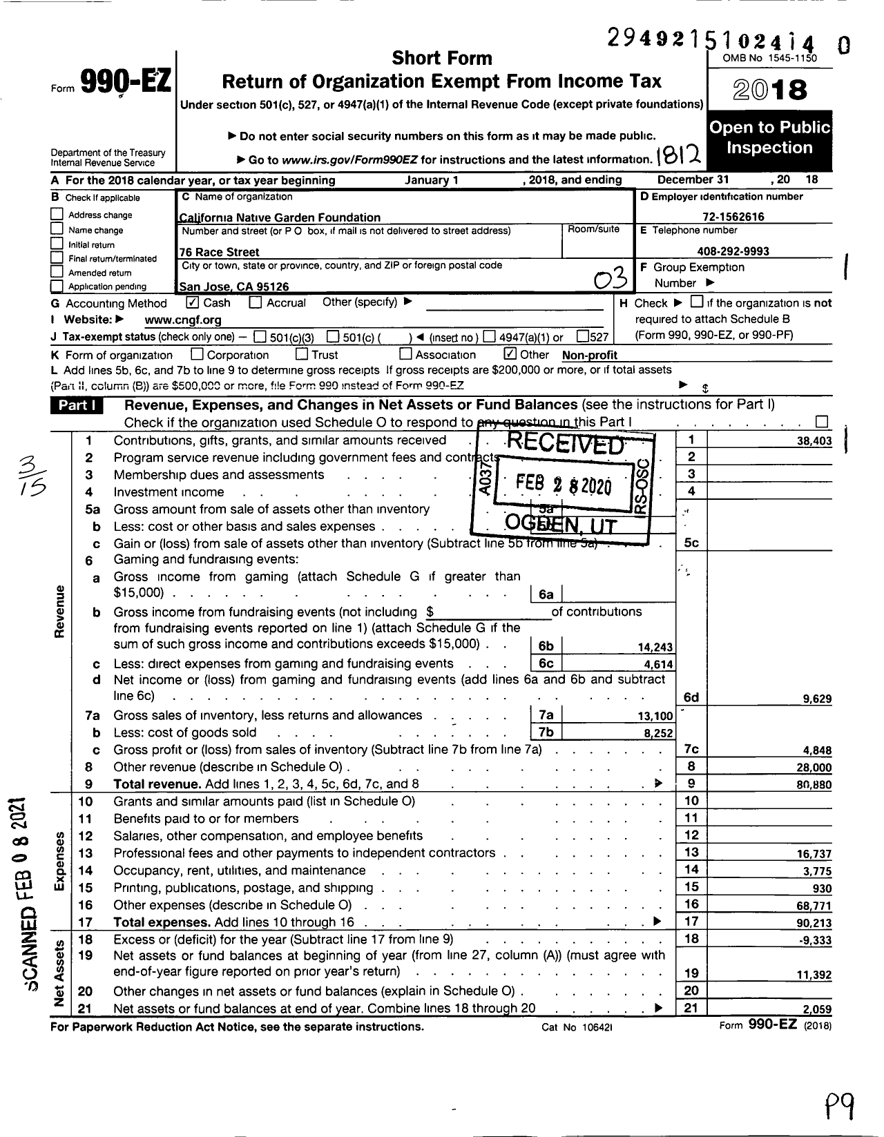 Image of first page of 2018 Form 990EZ for California Native Garden Foundation