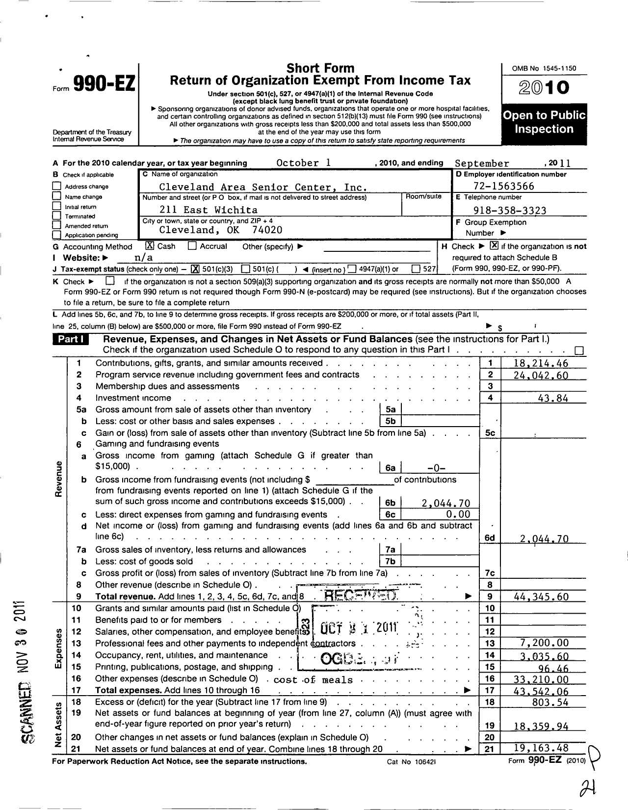 Image of first page of 2010 Form 990EZ for Cleveland Area Senior Center