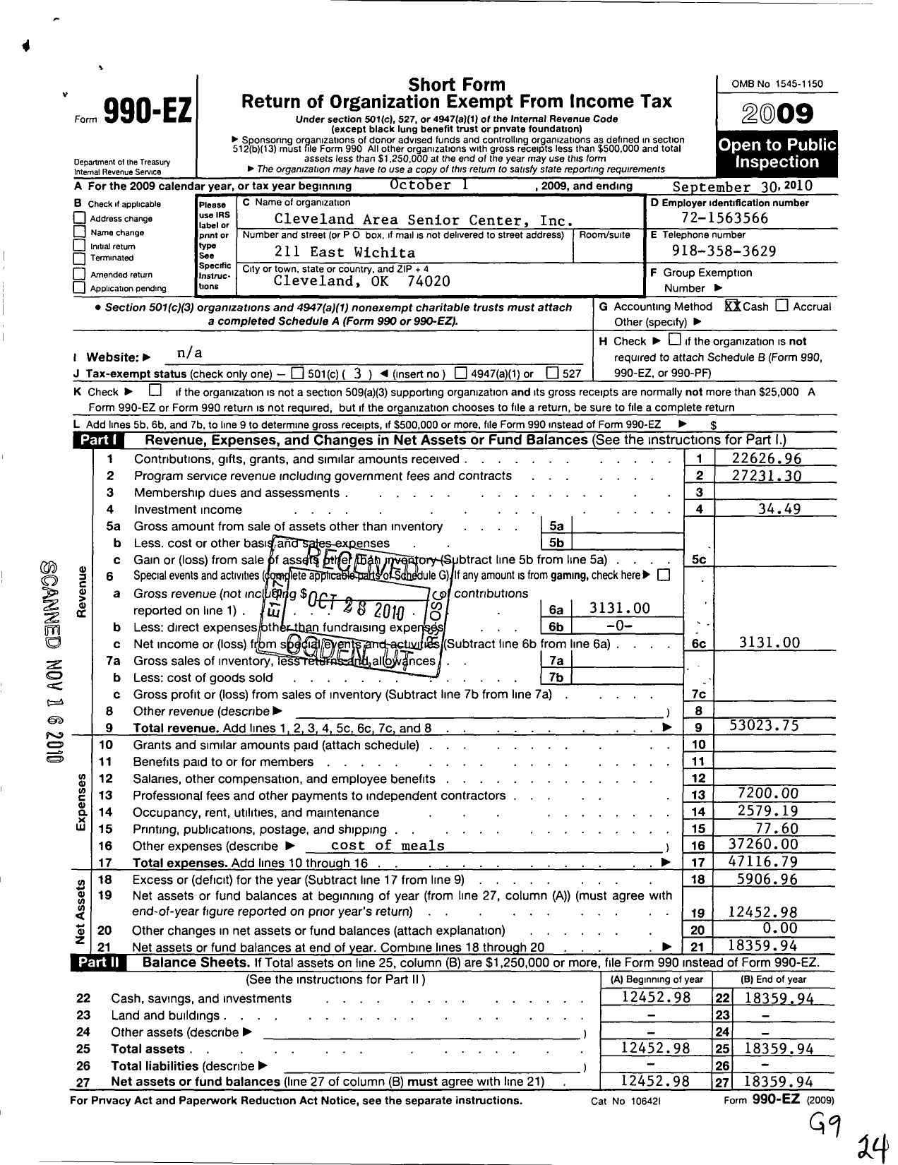 Image of first page of 2009 Form 990EZ for Cleveland Area Senior Center