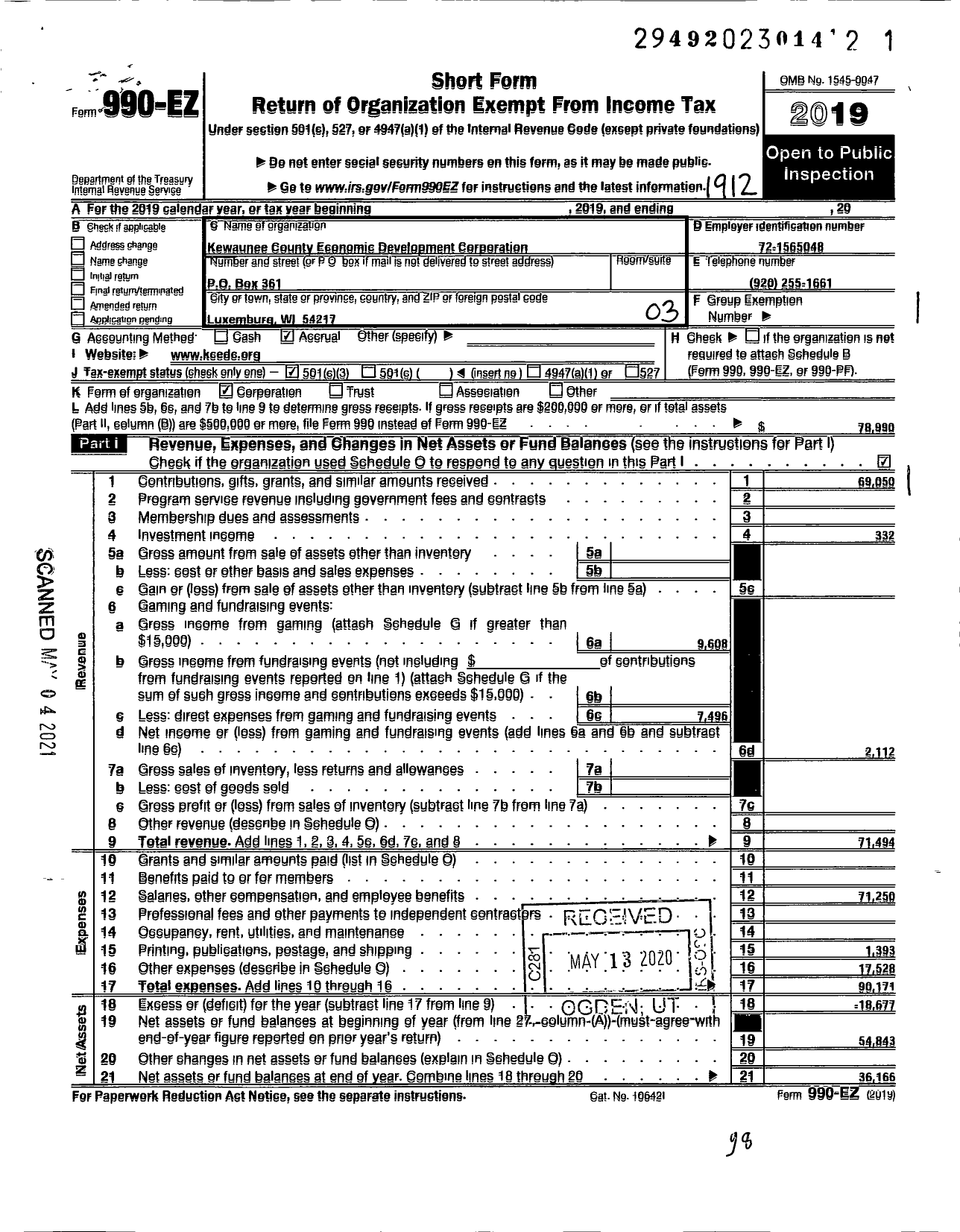 Image of first page of 2019 Form 990EZ for Kewaunee County Economic DVLPMNT Corporation