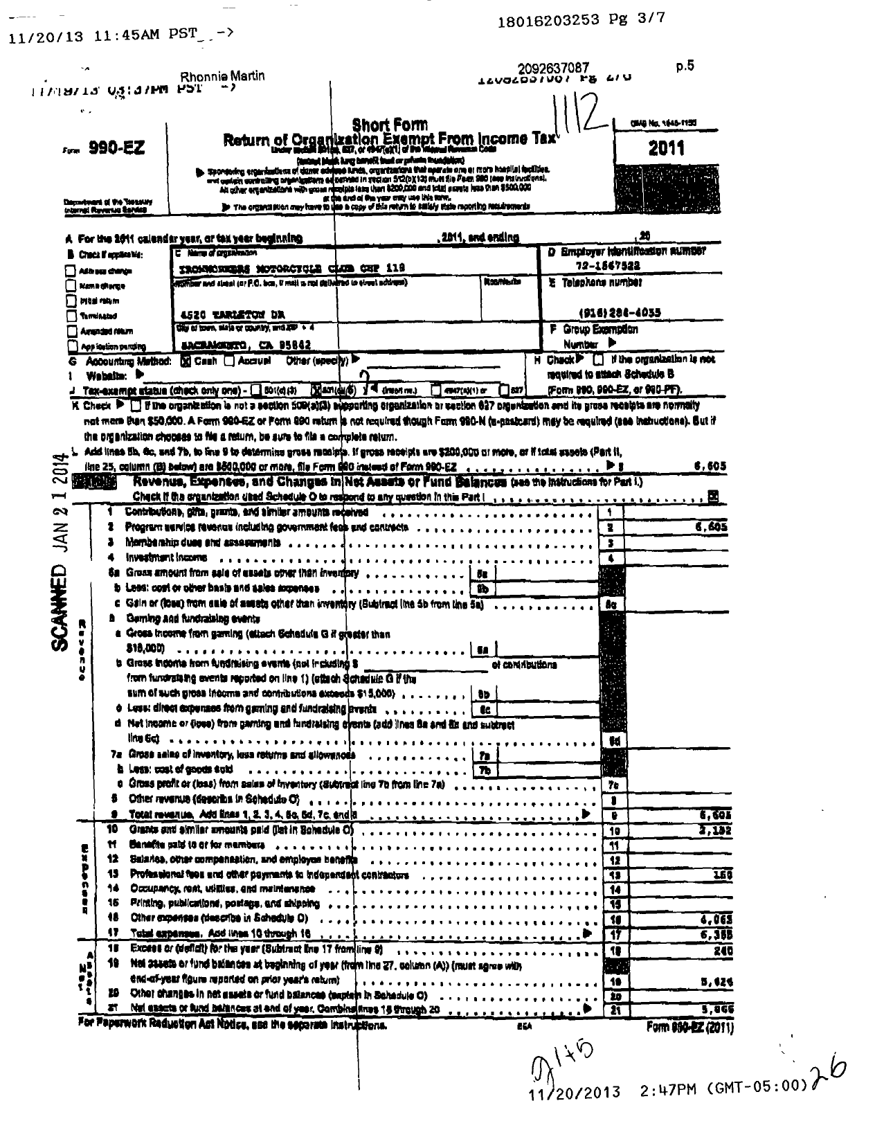 Image of first page of 2011 Form 990EO for Ironworkdrs Motorcycle Club Chapter 118