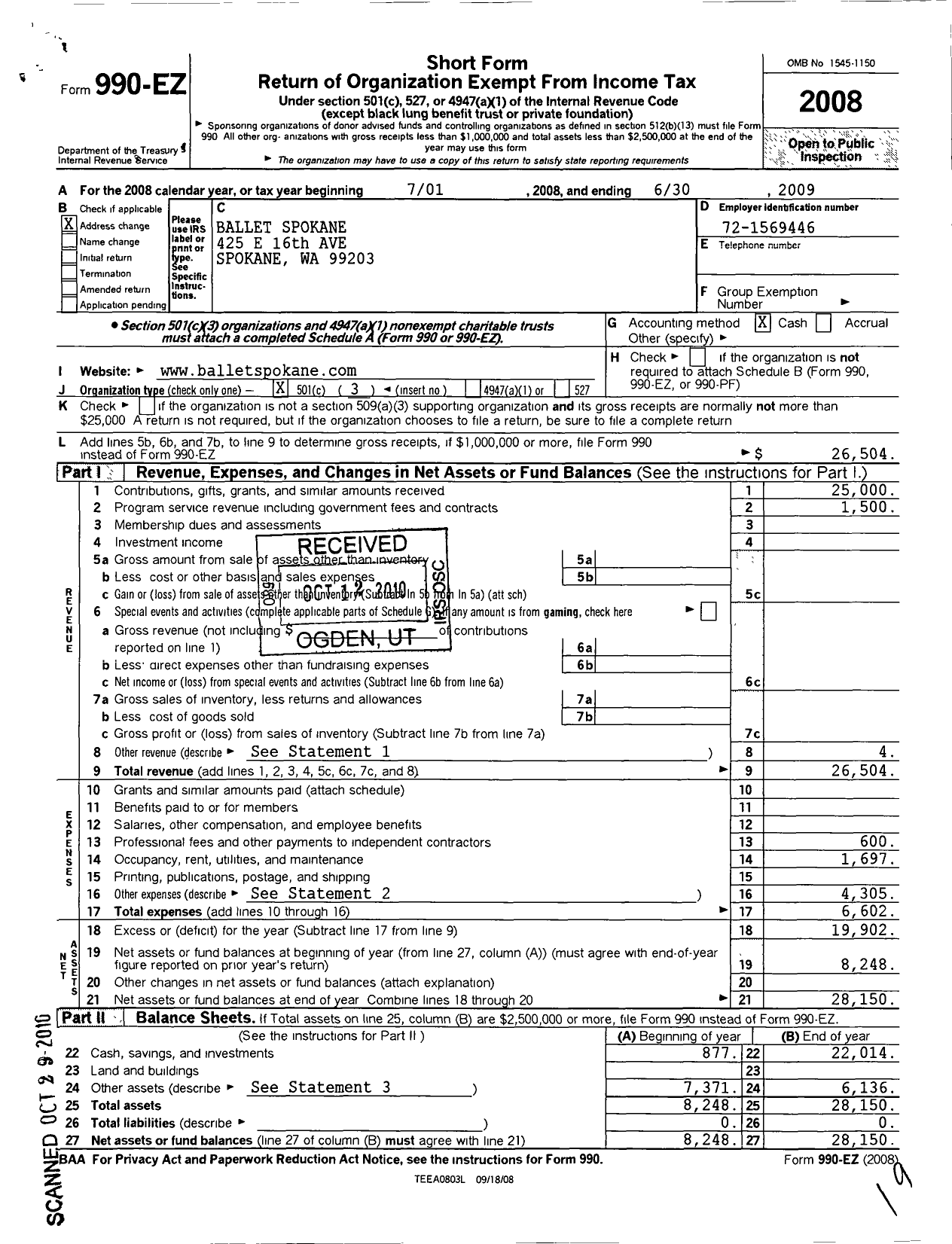 Image of first page of 2008 Form 990EZ for Ballet Spokane