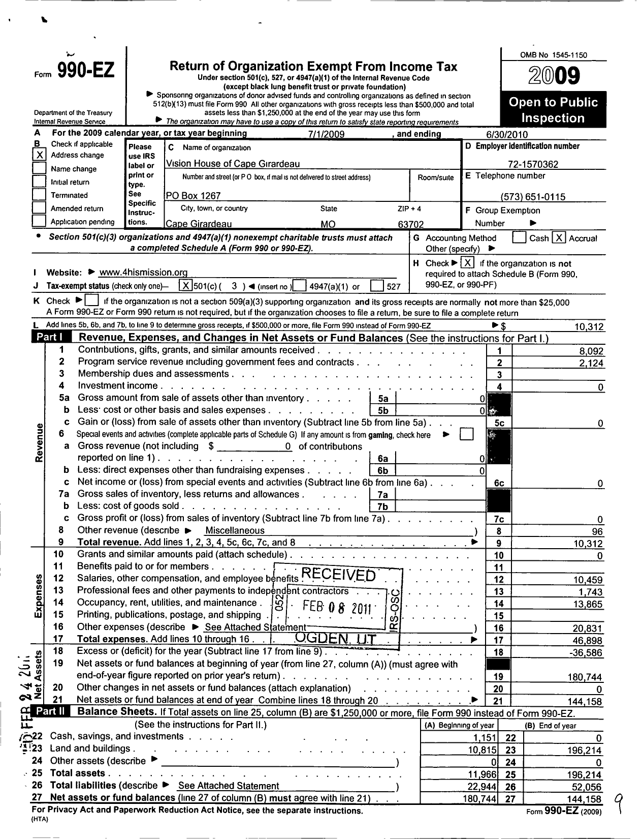 Image of first page of 2009 Form 990EZ for Vision House of Cape Girardeau