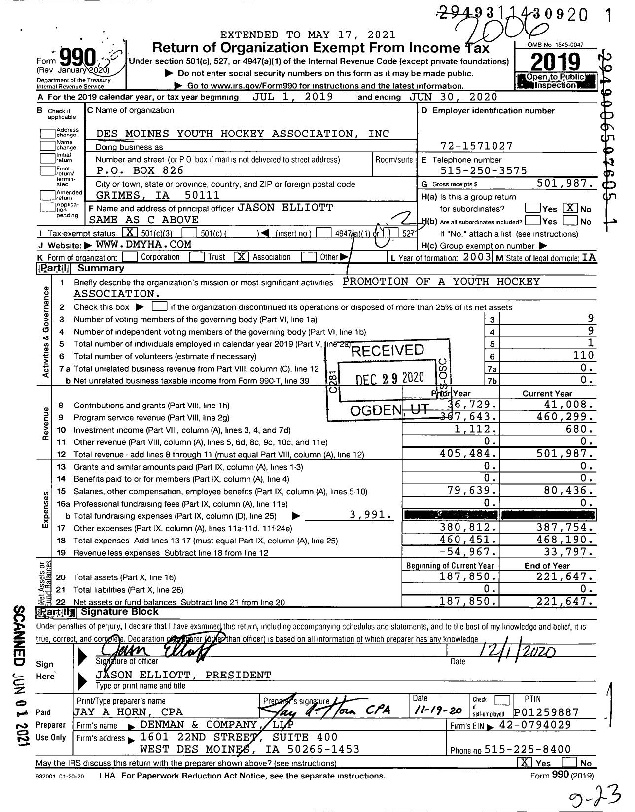 Image of first page of 2019 Form 990 for Des Moines Youth Hockey Association