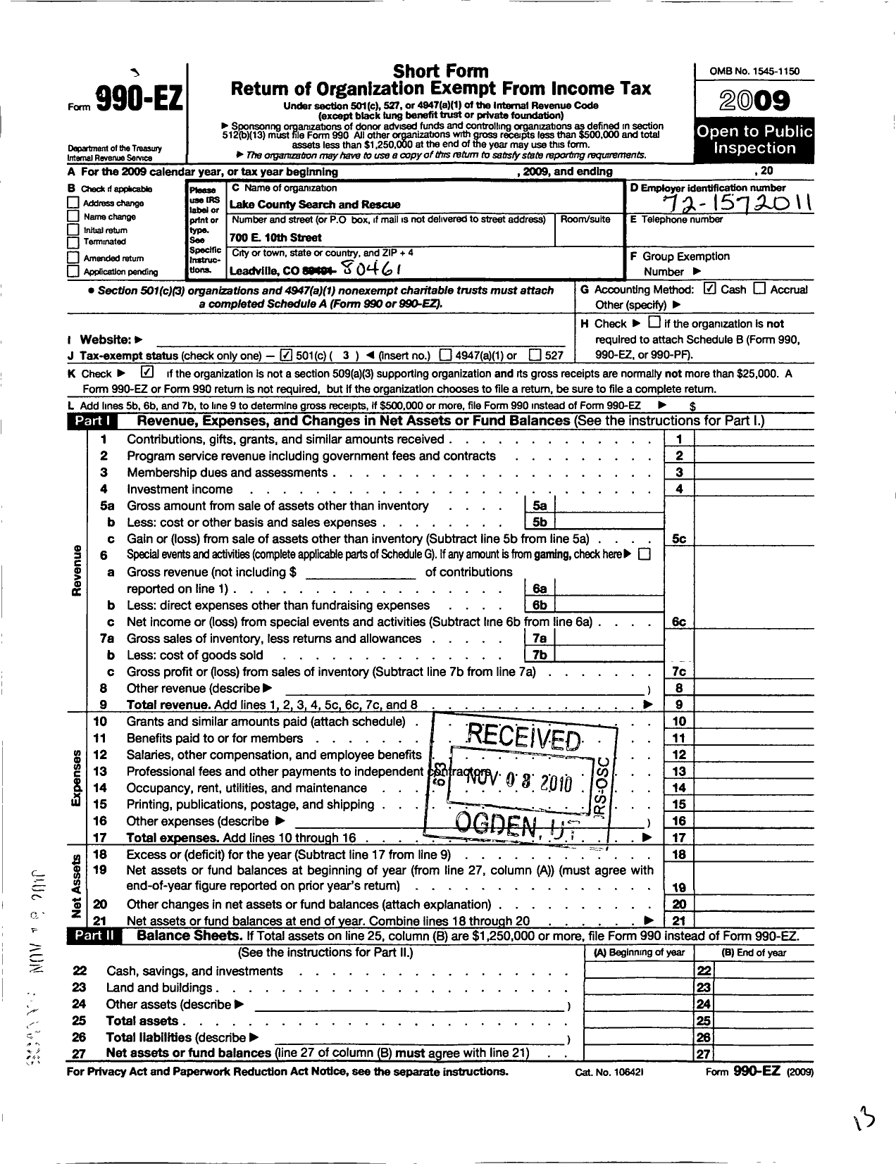 Image of first page of 2009 Form 990EZ for Lake County Search and Rescue